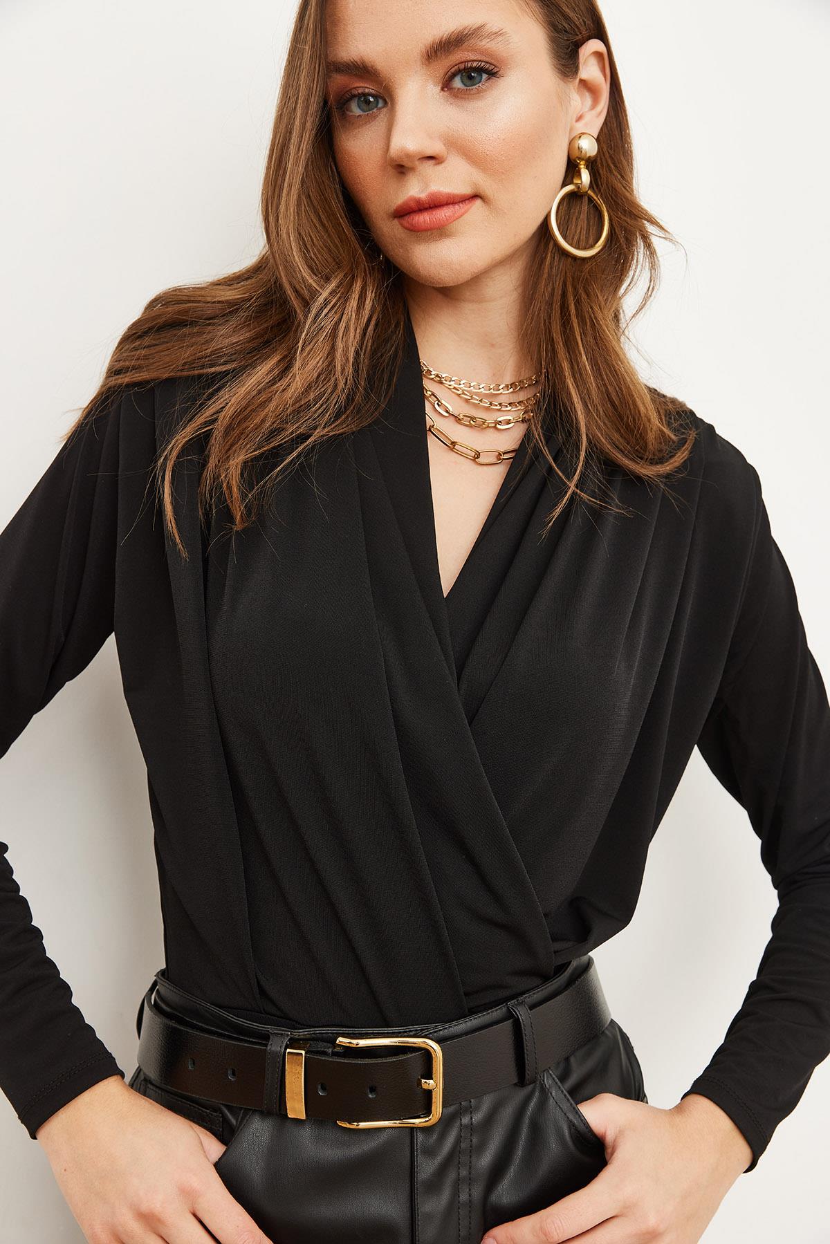 Kruvaze Omuz Drape Detaylı Altı Çıtçıtlı Bodysuit Siyah