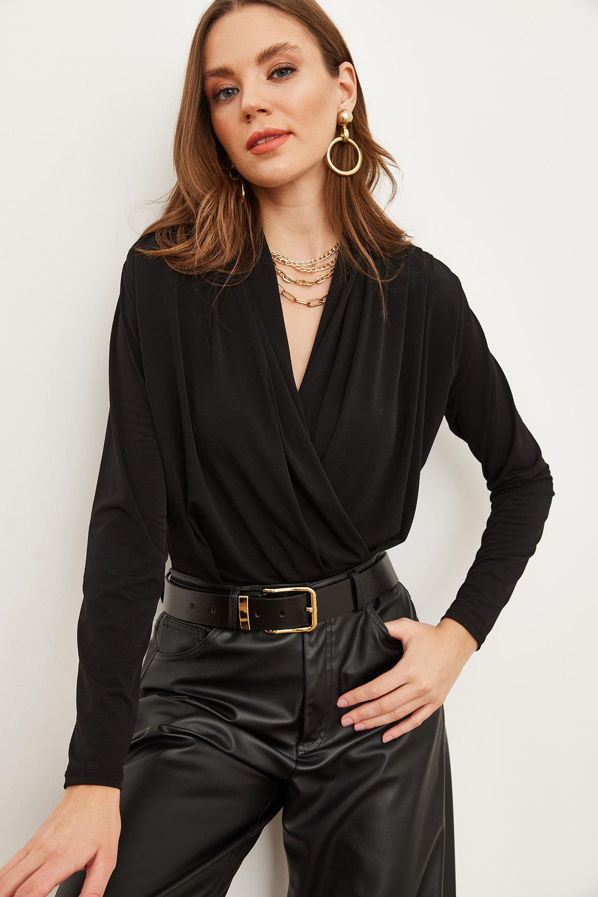 Kruvaze Omuz Drape Detaylı Altı Çıtçıtlı Bodysuit Siyah