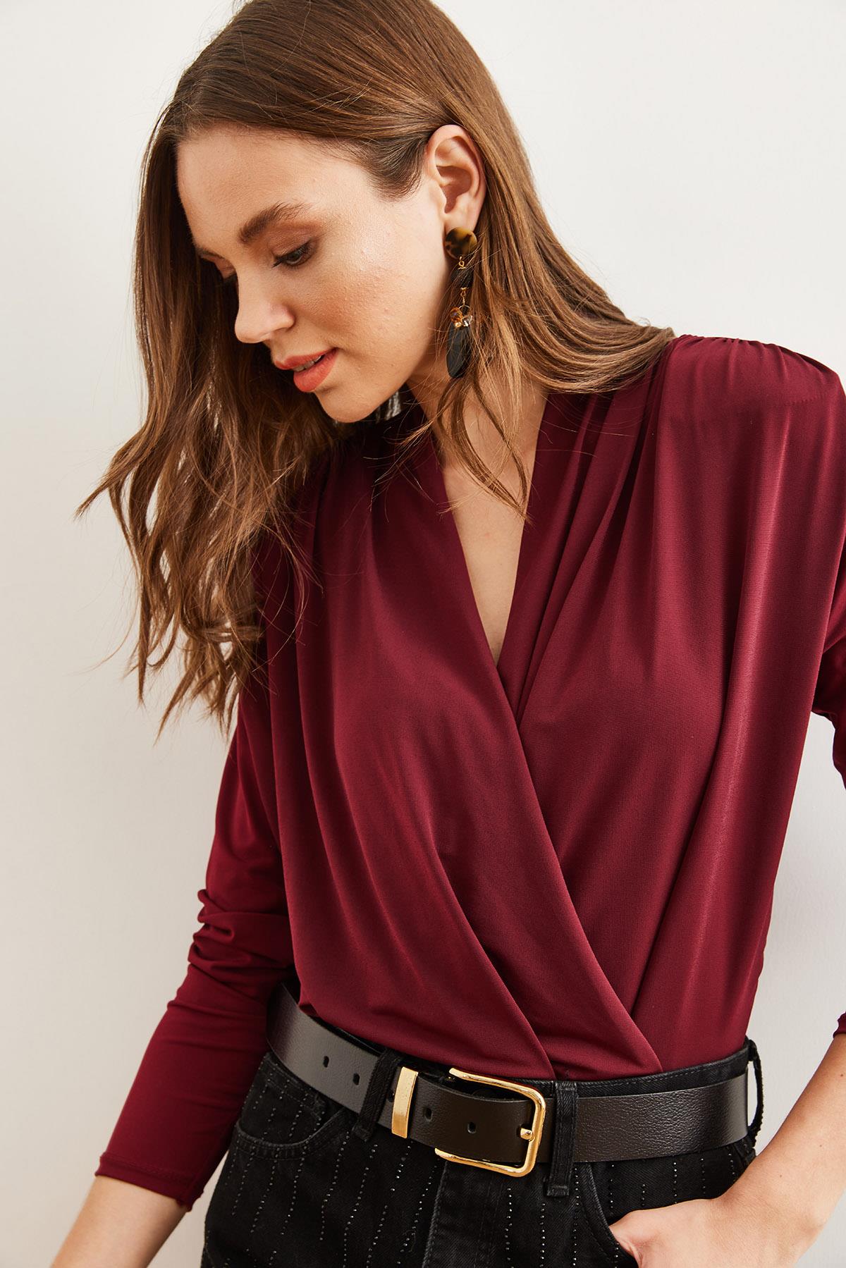Kruvaze Omuz Drape Detaylı Altı Çıtçıtlı Bodysuit Bordo