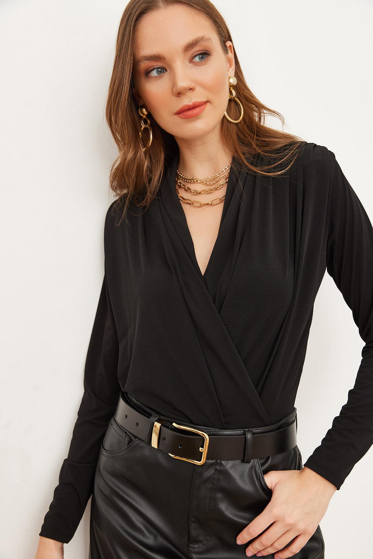 Kruvaze Omuz Drape Detaylı Altı Çıtçıtlı Bodysuit Siyah