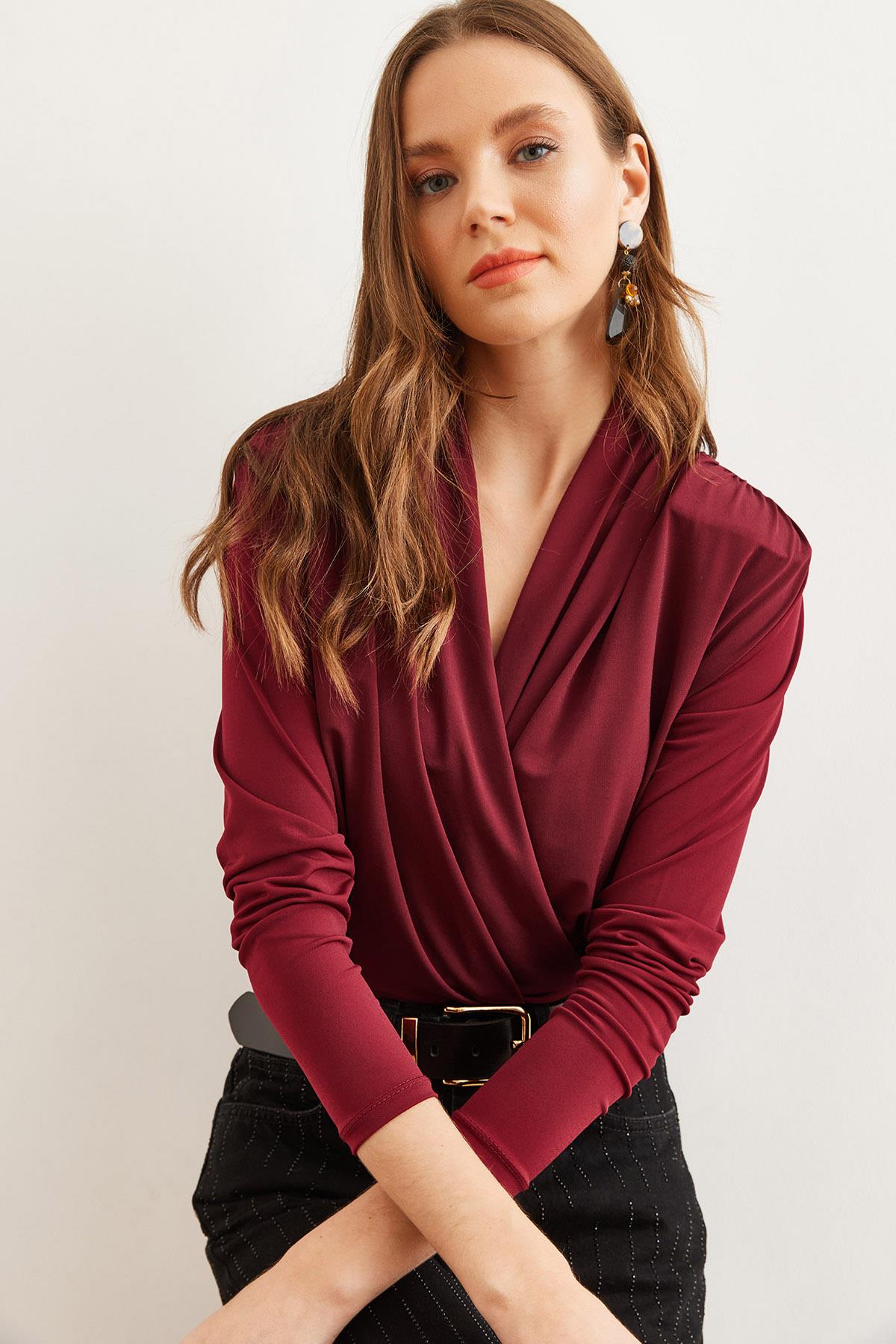 Kruvaze Omuz Drape Detaylı Altı Çıtçıtlı Bodysuit Bordo