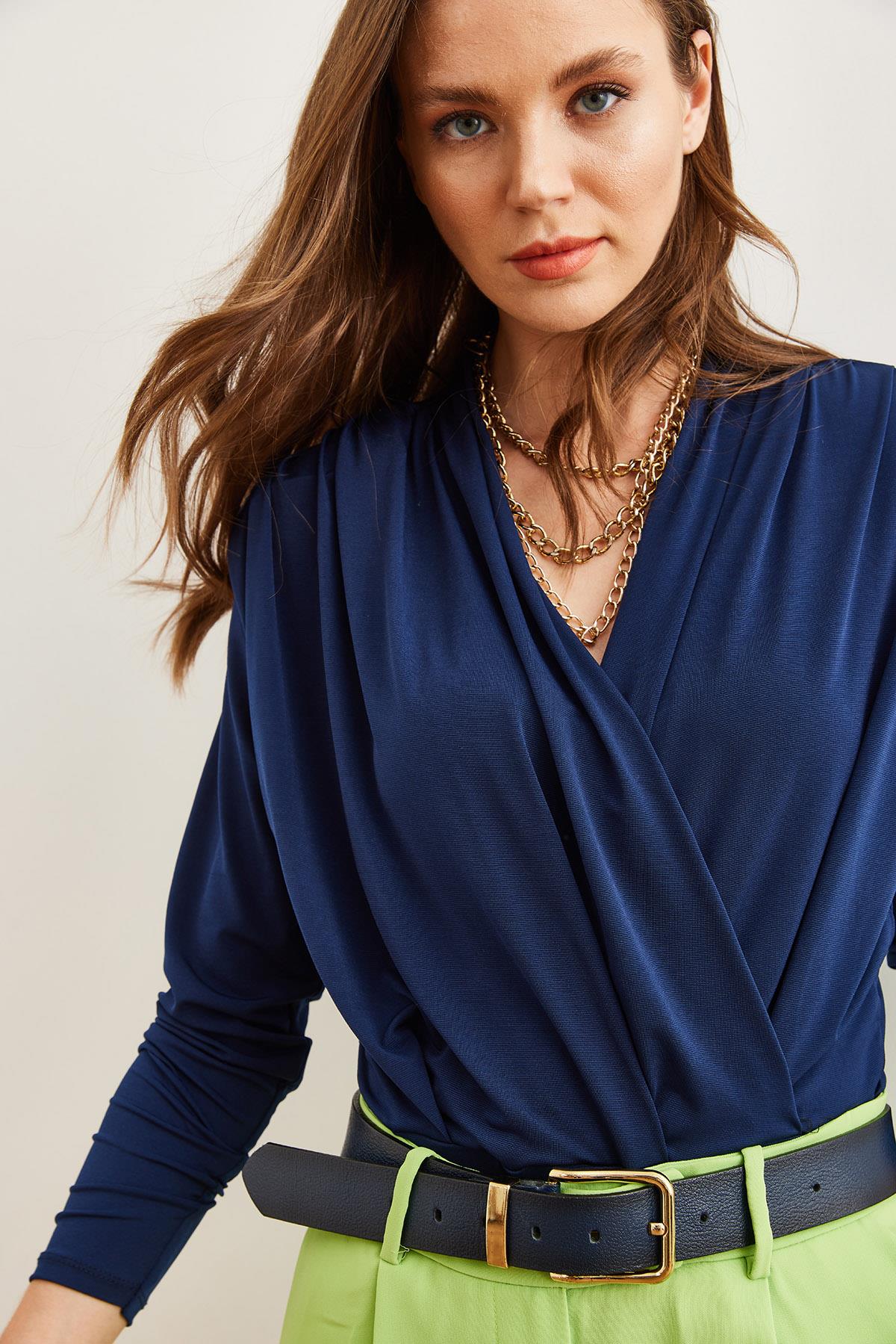 Kruvaze Omuz Drape Detaylı Altı Çıtçıtlı Bodysuit Lacivert