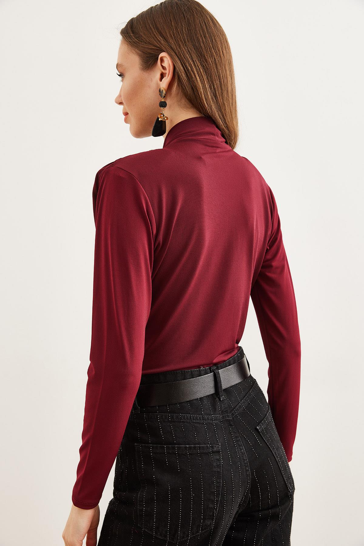 Kruvaze Omuz Drape Detaylı Altı Çıtçıtlı Bodysuit Bordo