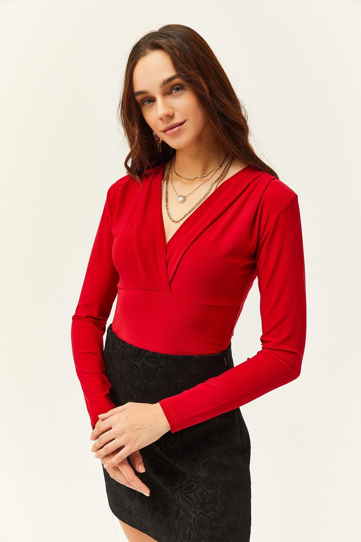 Kruvaze Yaka Crop Likralı Bluz Kırmızı
