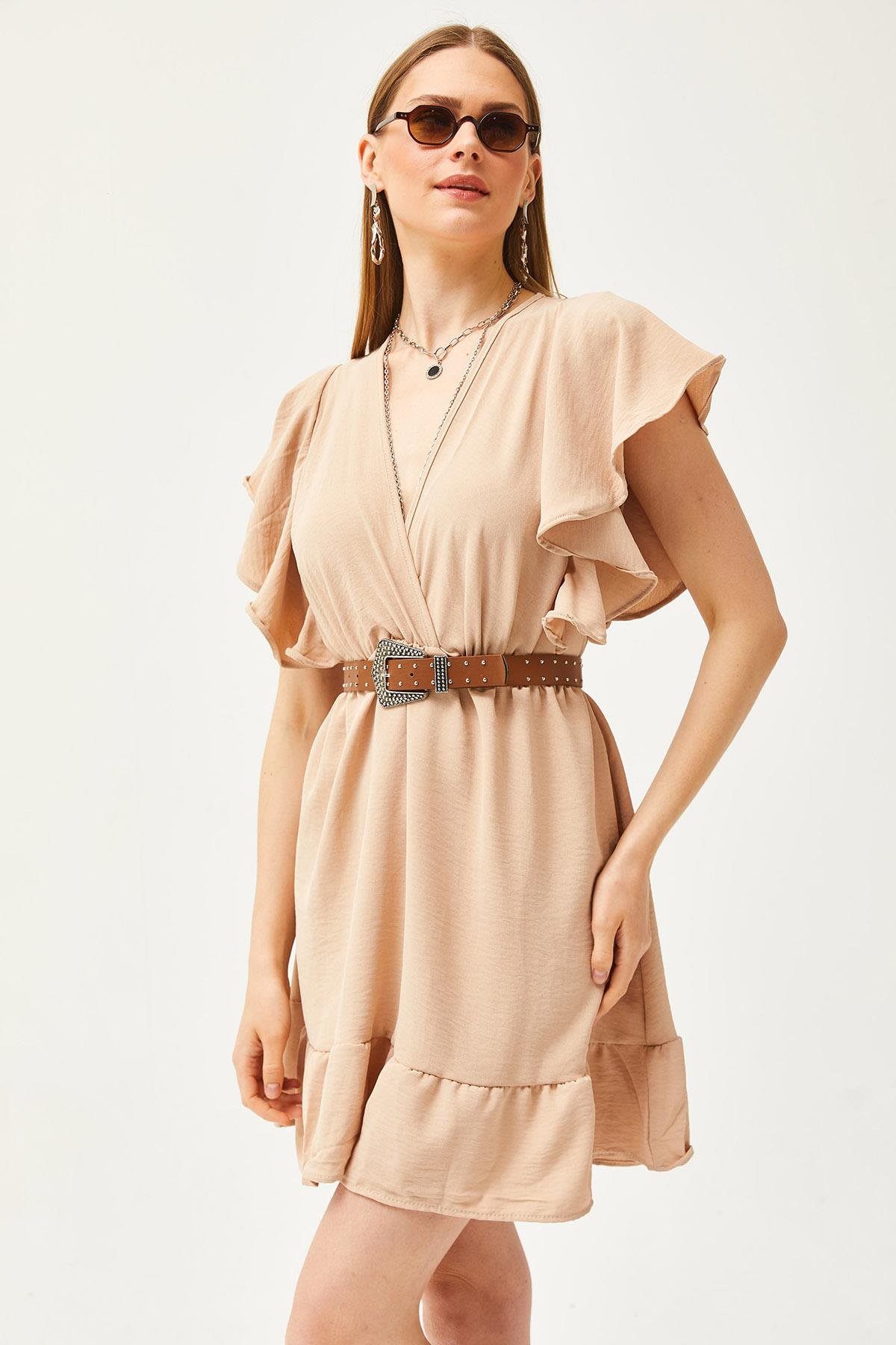 Kruvaze Yaka Kol Detaylı Mini Dökümlü Elbise Camel