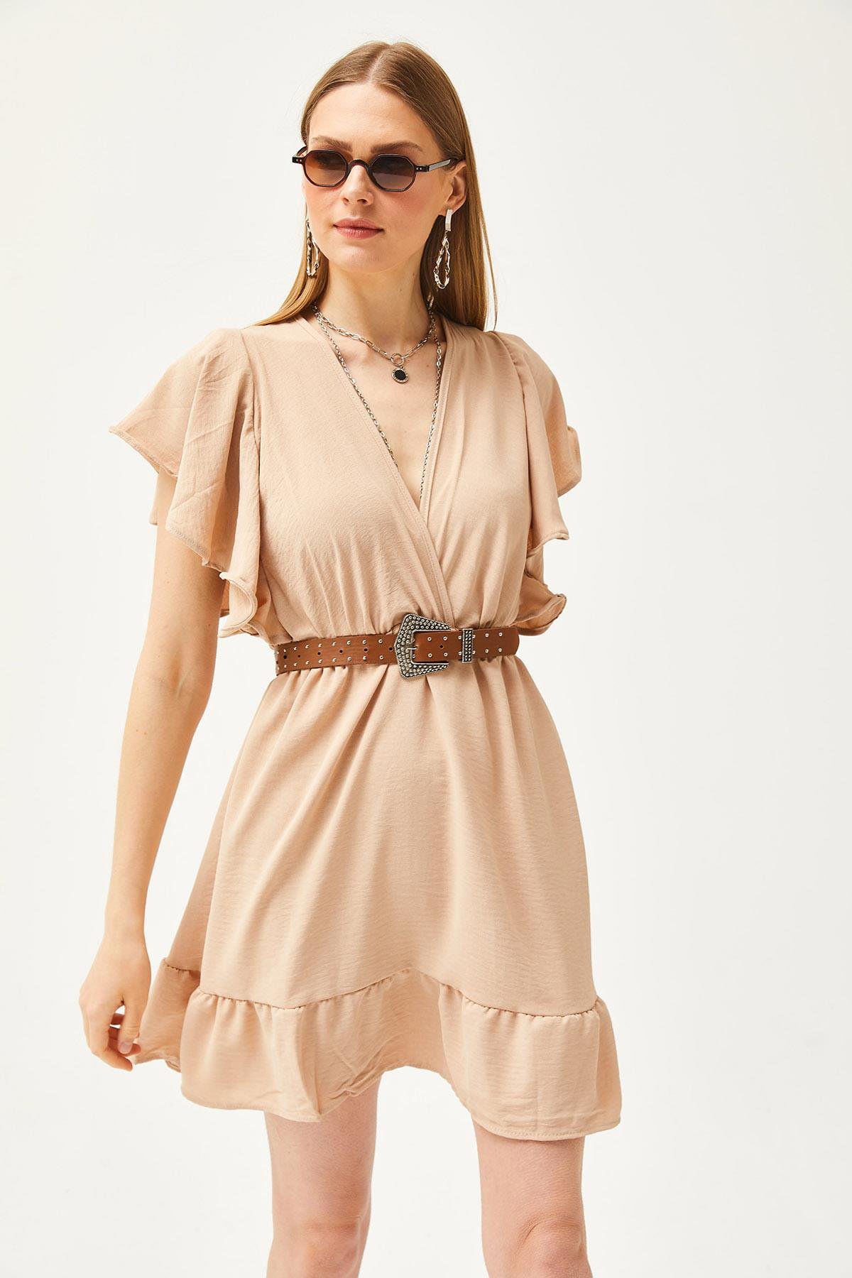 Kruvaze Yaka Kol Detaylı Mini Dökümlü Elbise Camel