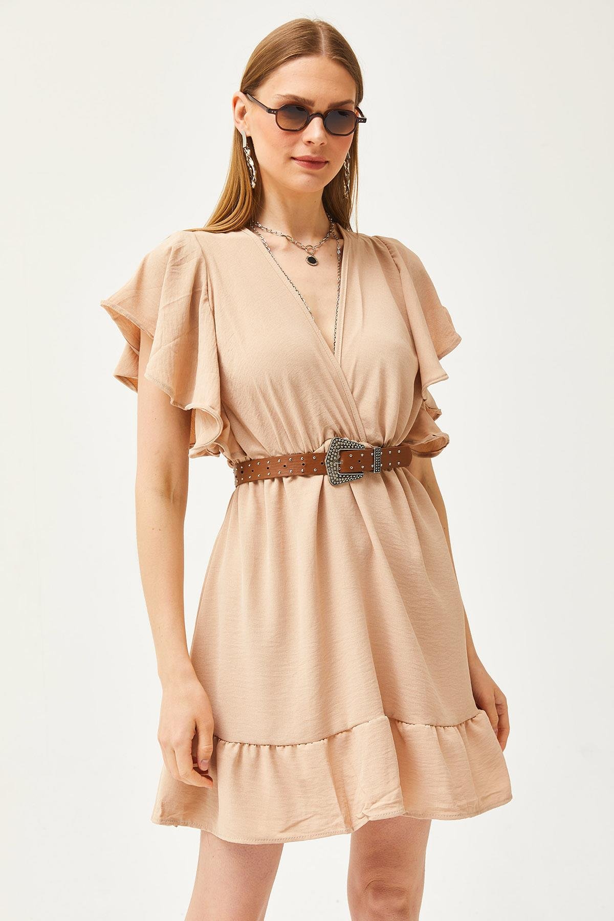 Kruvaze Yaka Kol Detaylı Mini Dökümlü Elbise Camel
