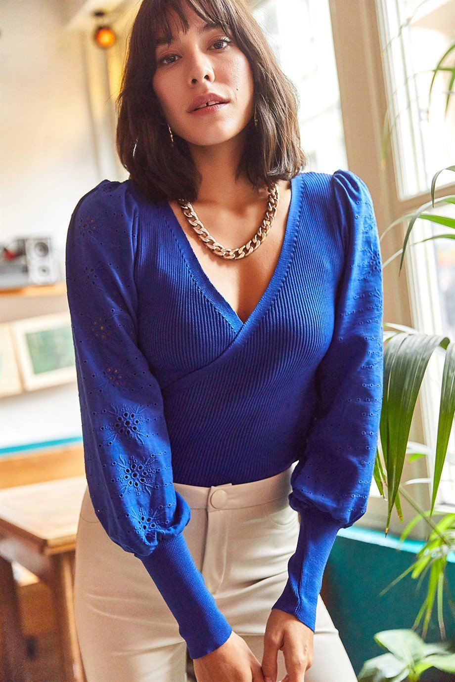 Kruvaze Yaka Kolu Fistolu Triko Bluz Saks Mavi
