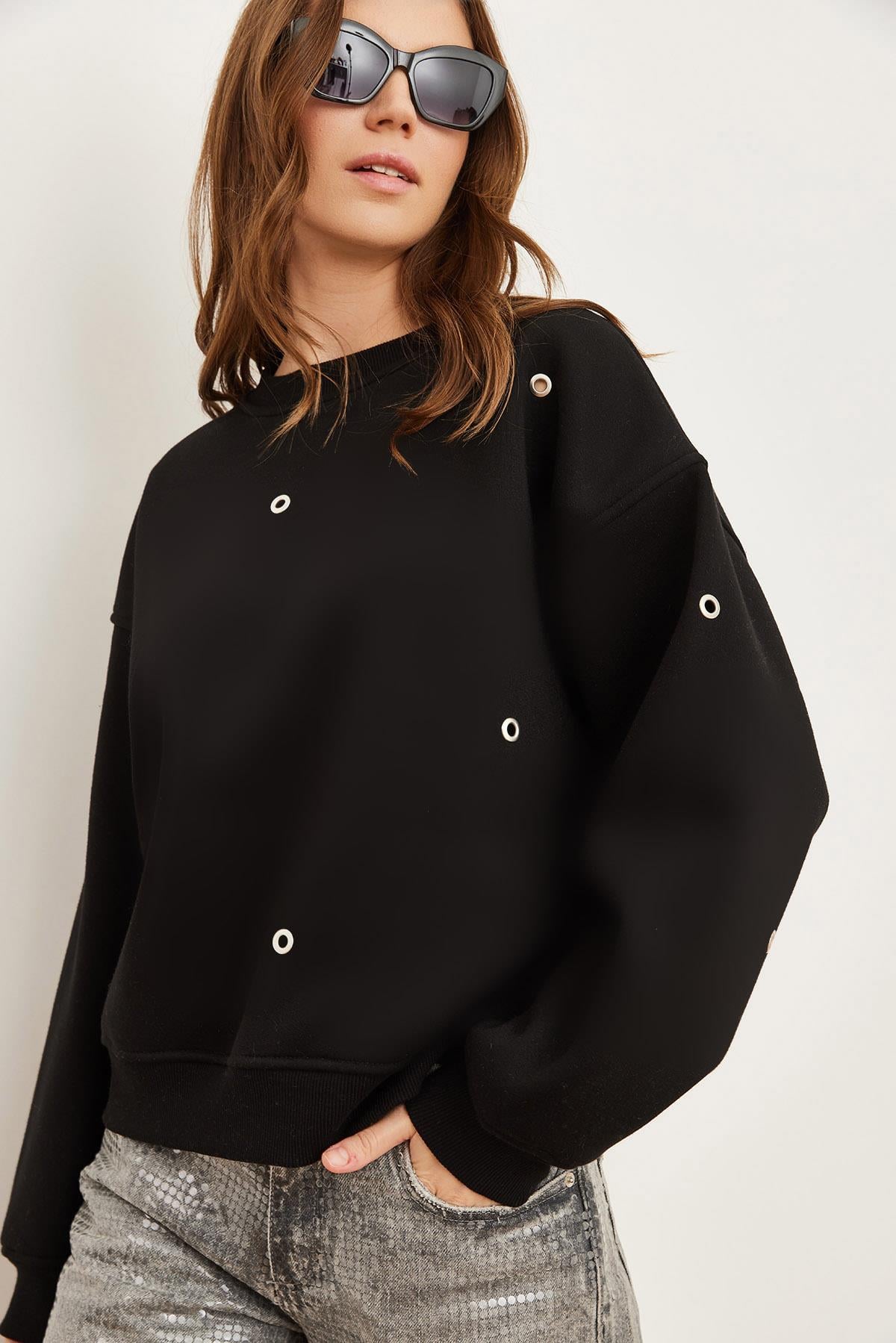Kuş Gözü Detaylı Şardonlu Premium Sweatshirt Siyah