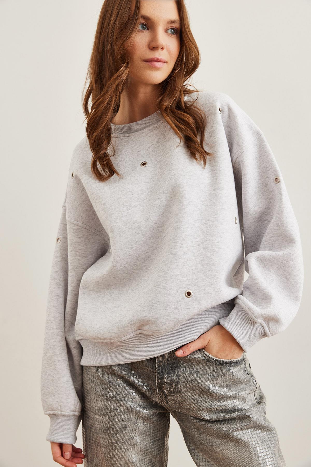 Kuş Gözü Detaylı Şardonlu Premium Sweatshirt Gri Melanj