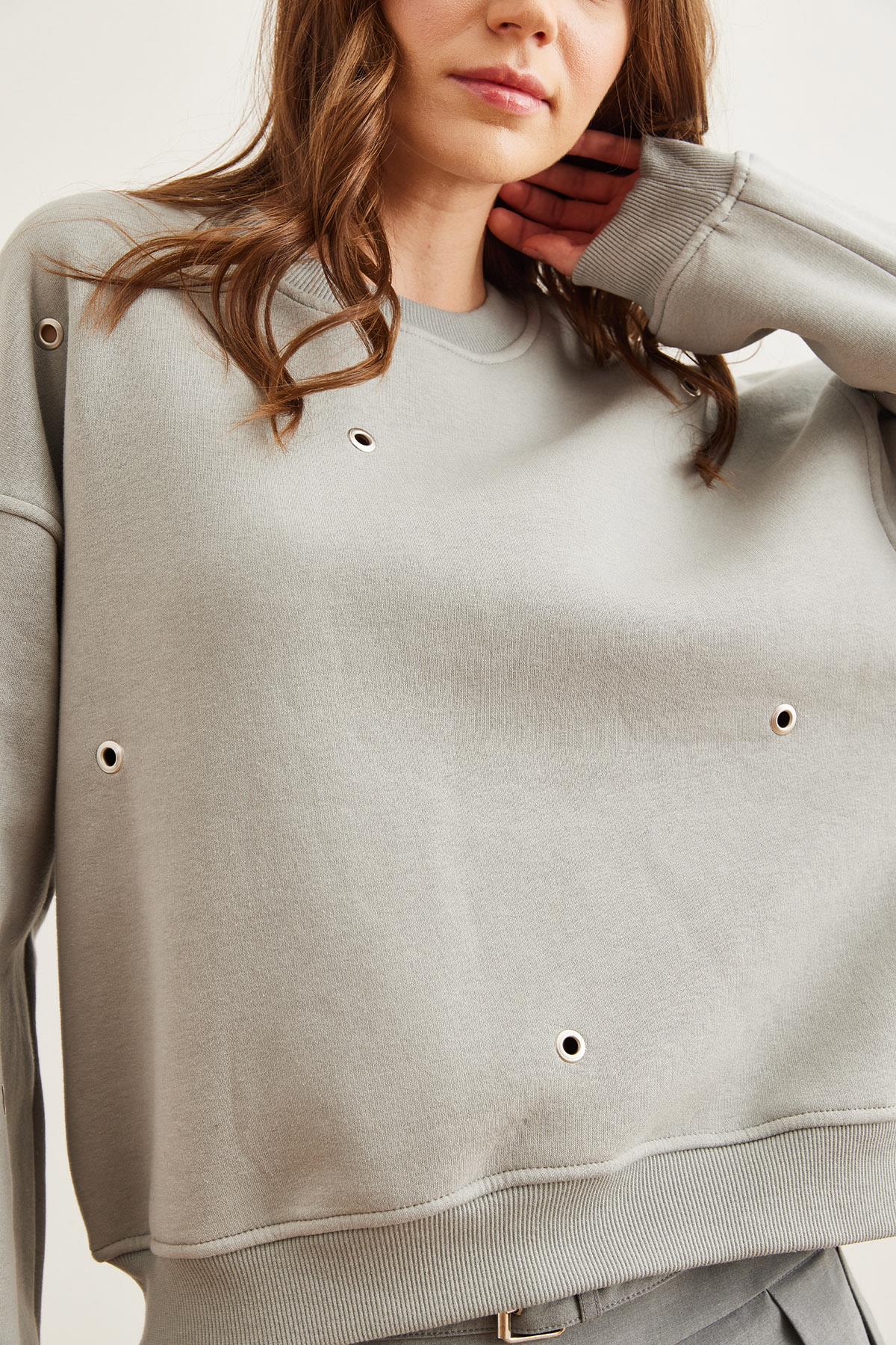 Kuş Gözü Detaylı Şardonlu Premium Sweatshirt Yunus Gri