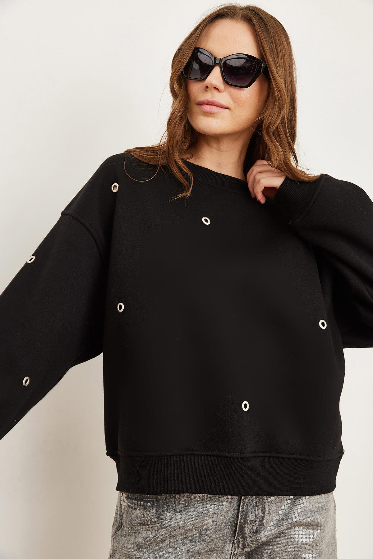 Kuş Gözü Detaylı Şardonlu Premium Sweatshirt Siyah
