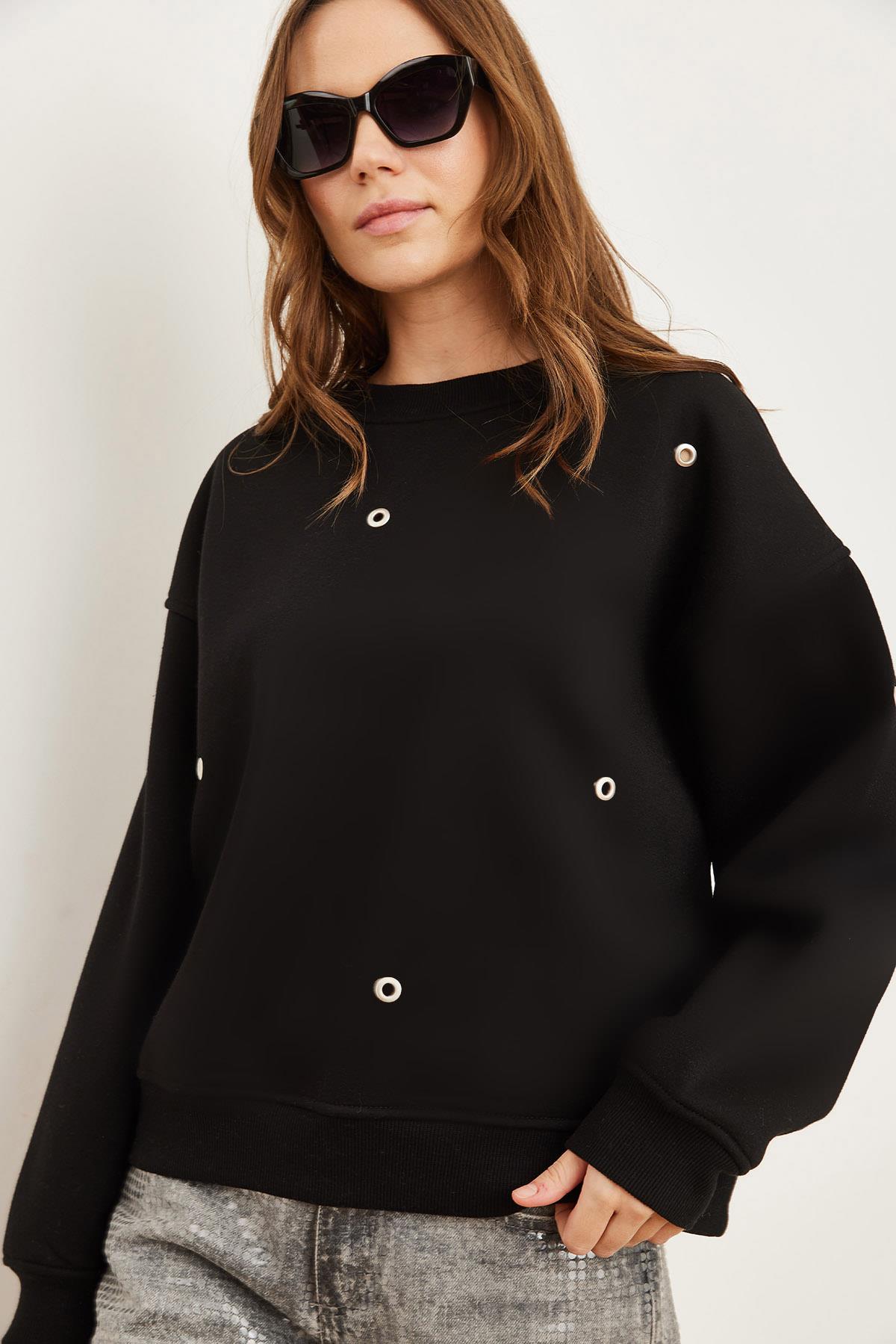 Kuş Gözü Detaylı Şardonlu Premium Sweatshirt Siyah