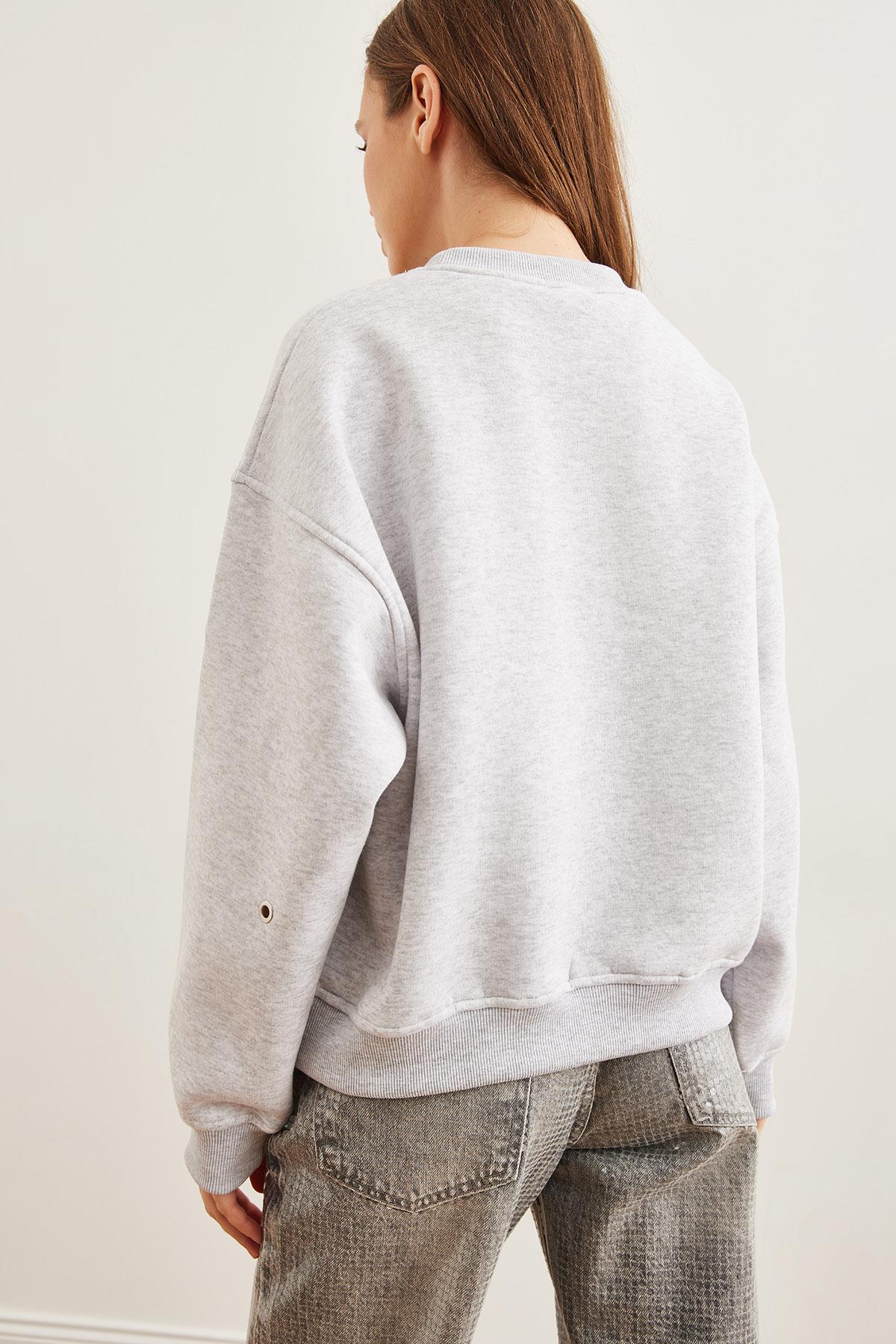 Kuş Gözü Detaylı Şardonlu Premium Sweatshirt Gri Melanj