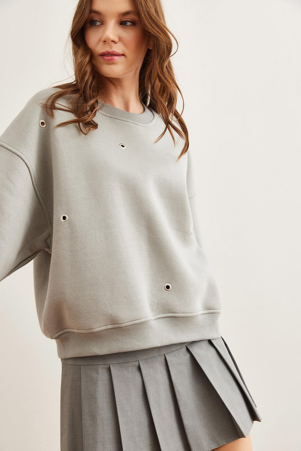 Kuş Gözü Detaylı Şardonlu Premium Sweatshirt Yunus Gri