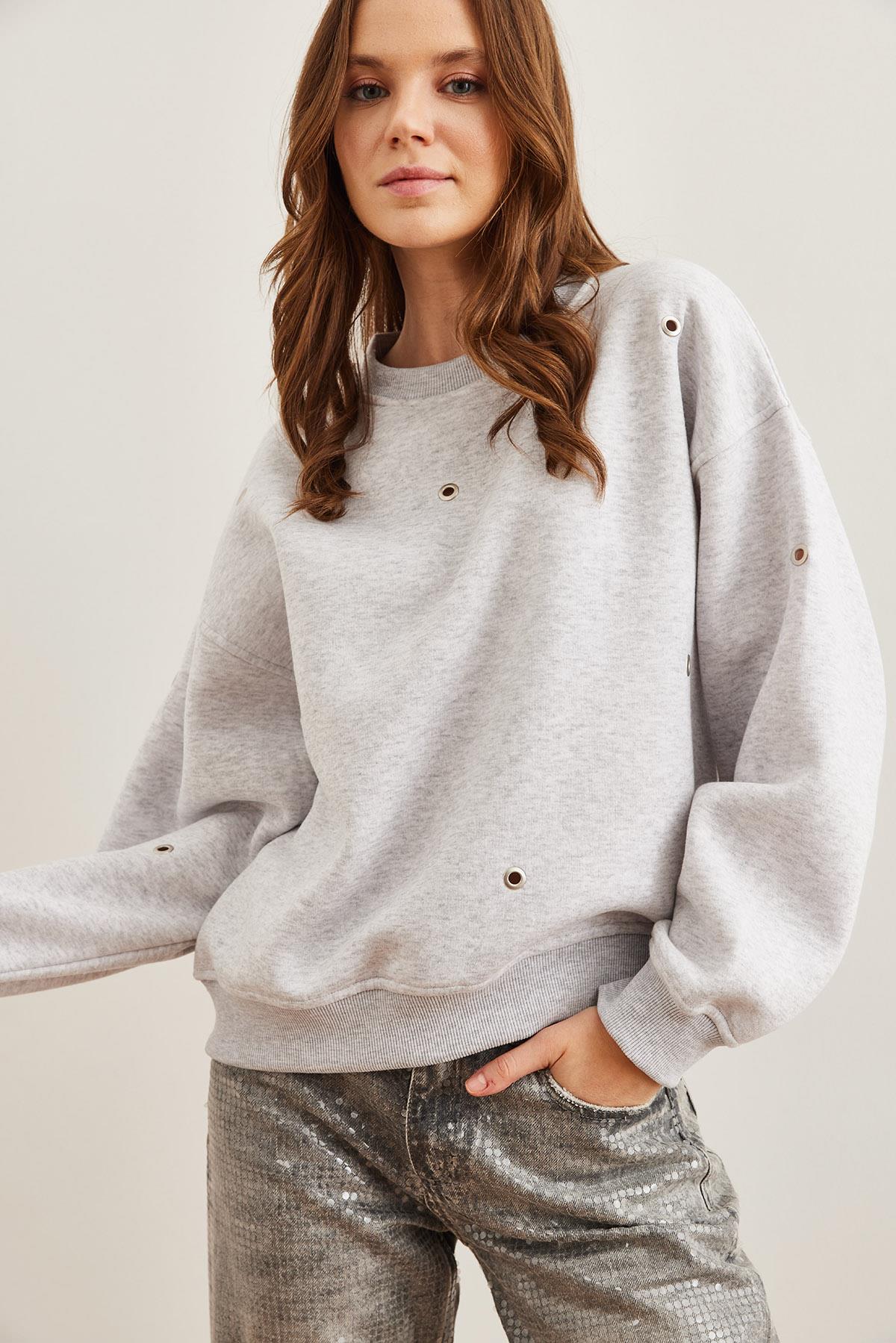 Kuş Gözü Detaylı Şardonlu Premium Sweatshirt Gri Melanj