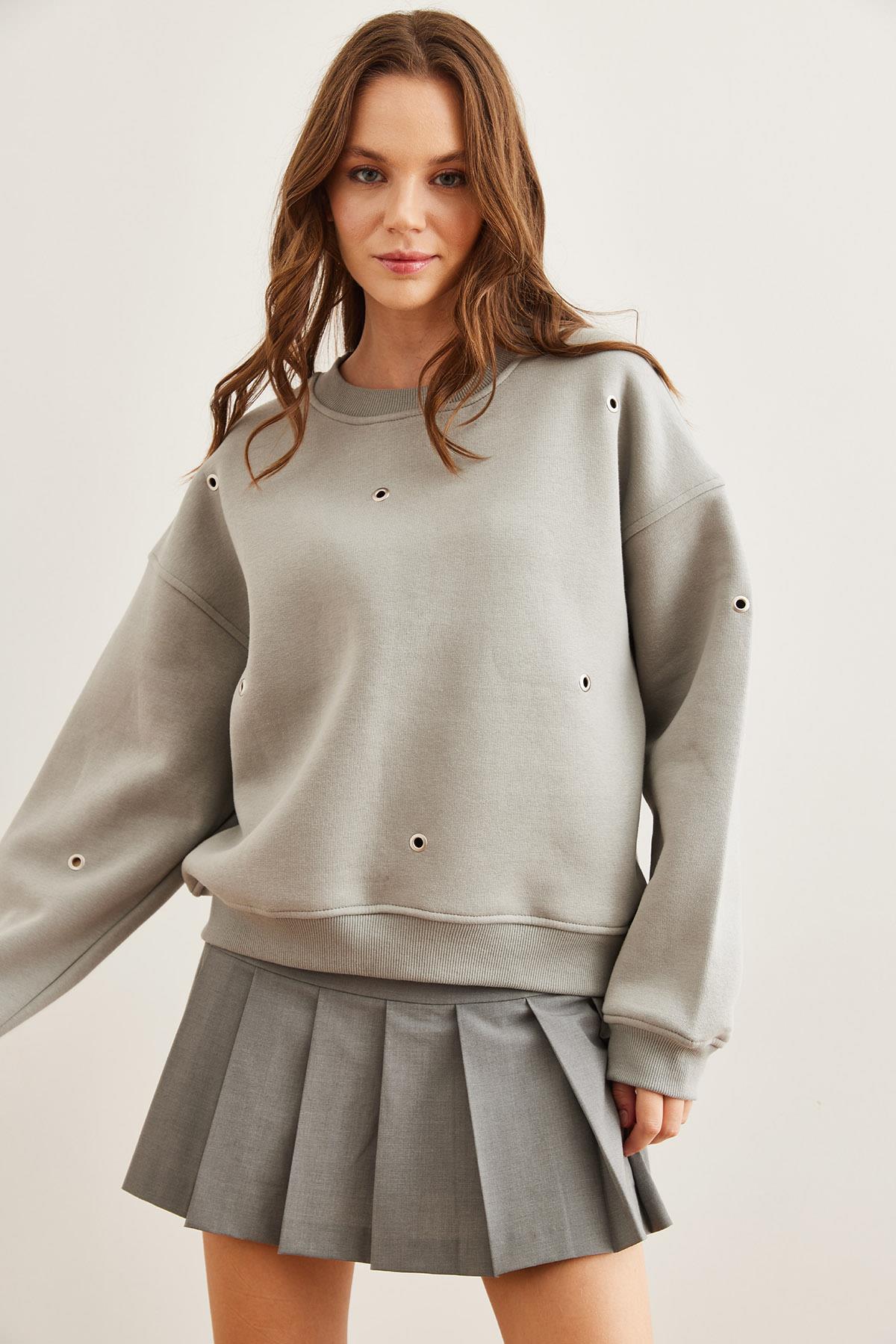 Kuş Gözü Detaylı Şardonlu Premium Sweatshirt Yunus Gri