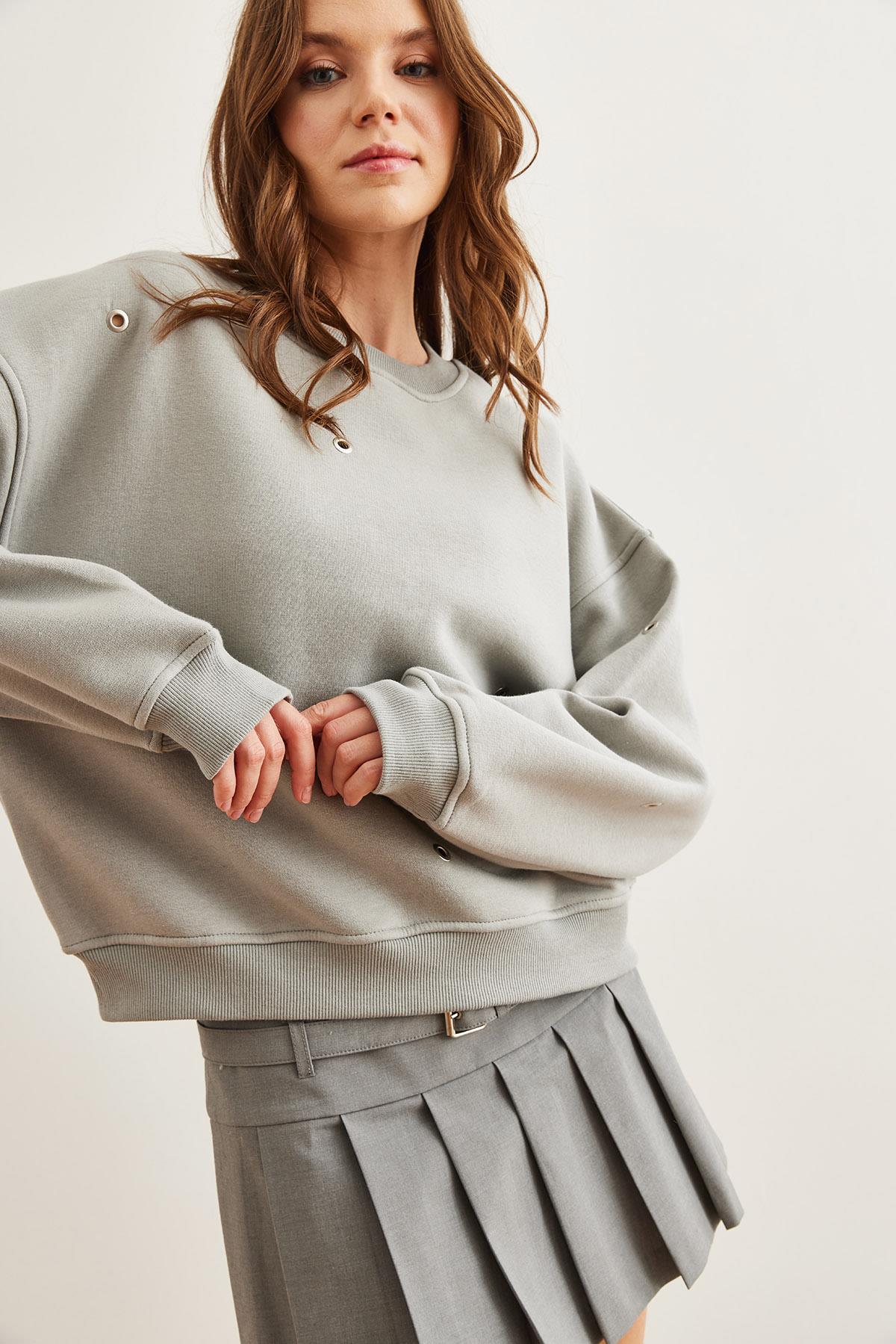 Kuş Gözü Detaylı Şardonlu Premium Sweatshirt Yunus Gri