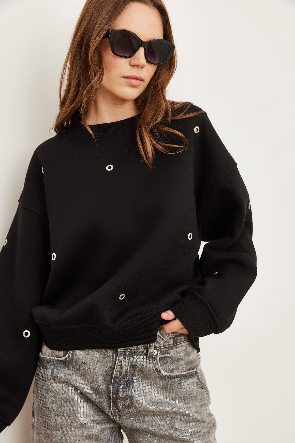 Kuş Gözü Detaylı Şardonlu Premium Sweatshirt Siyah