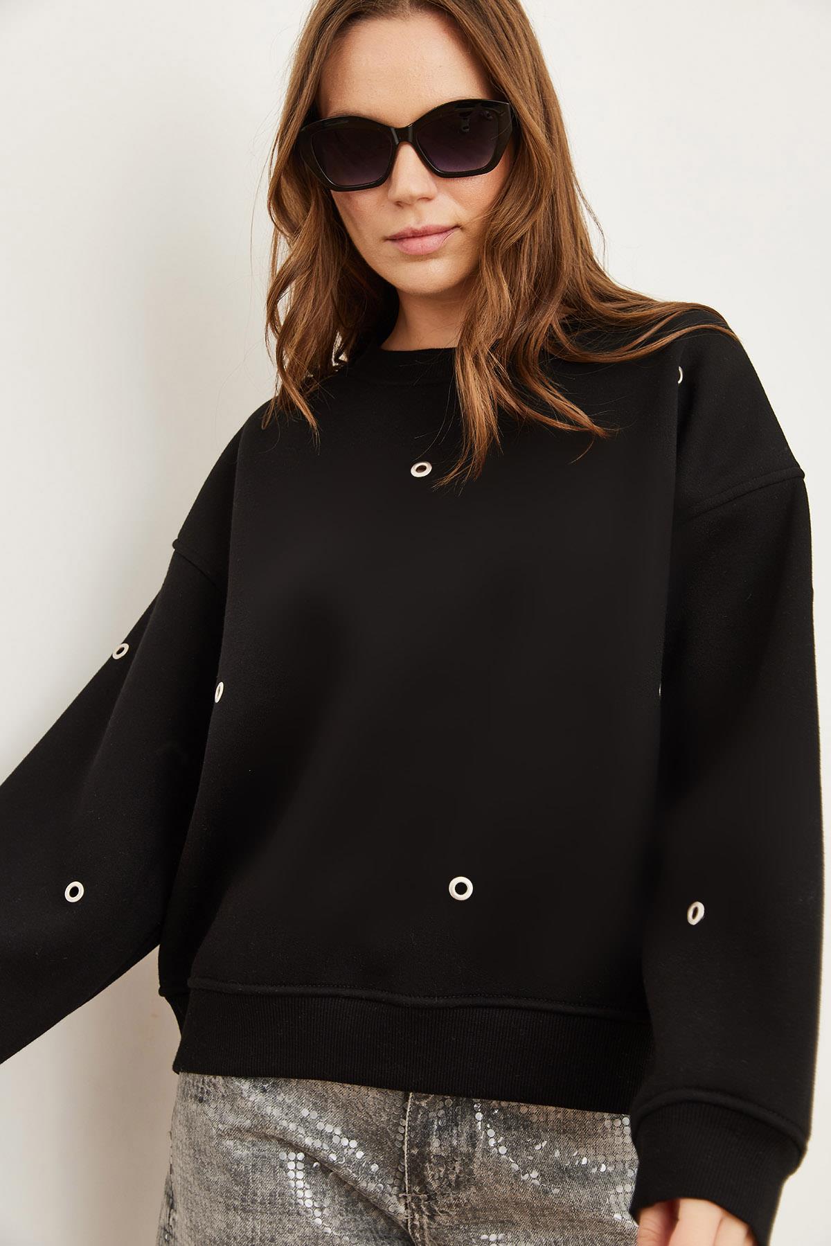 Kuş Gözü Detaylı Şardonlu Premium Sweatshirt Siyah