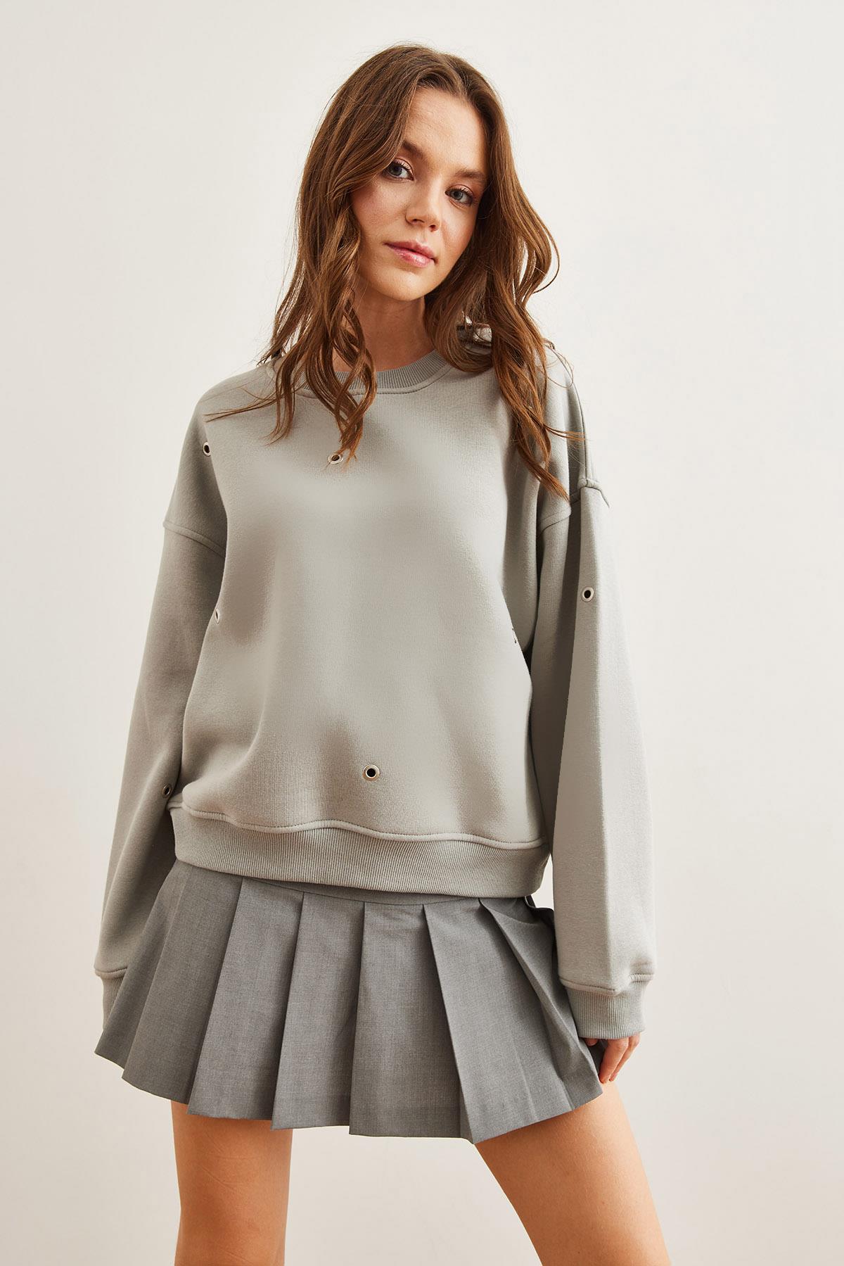 Kuş Gözü Detaylı Şardonlu Premium Sweatshirt Yunus Gri