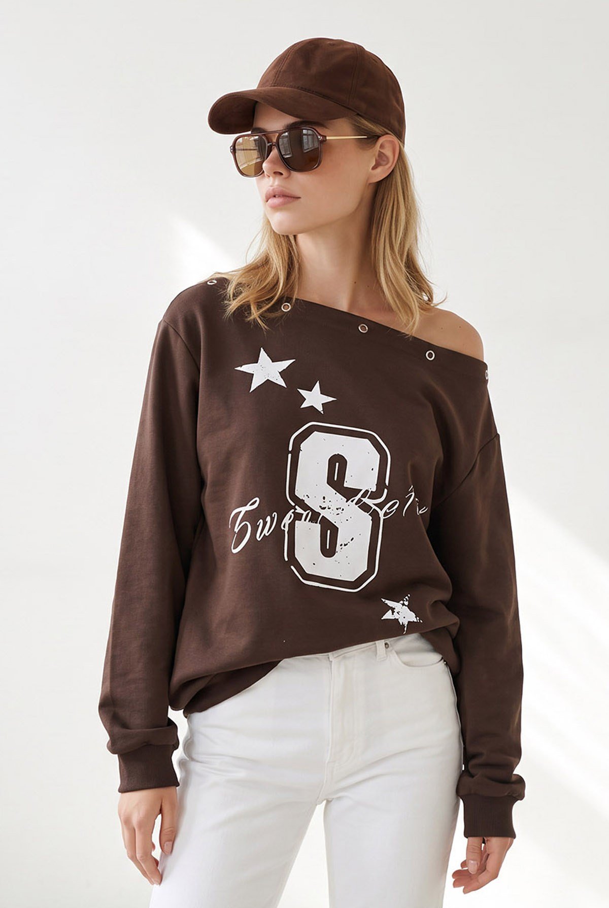Kuş Gözü Detaylı Şardonsuz Düşük Omuz Sweatshirt Kahverengi