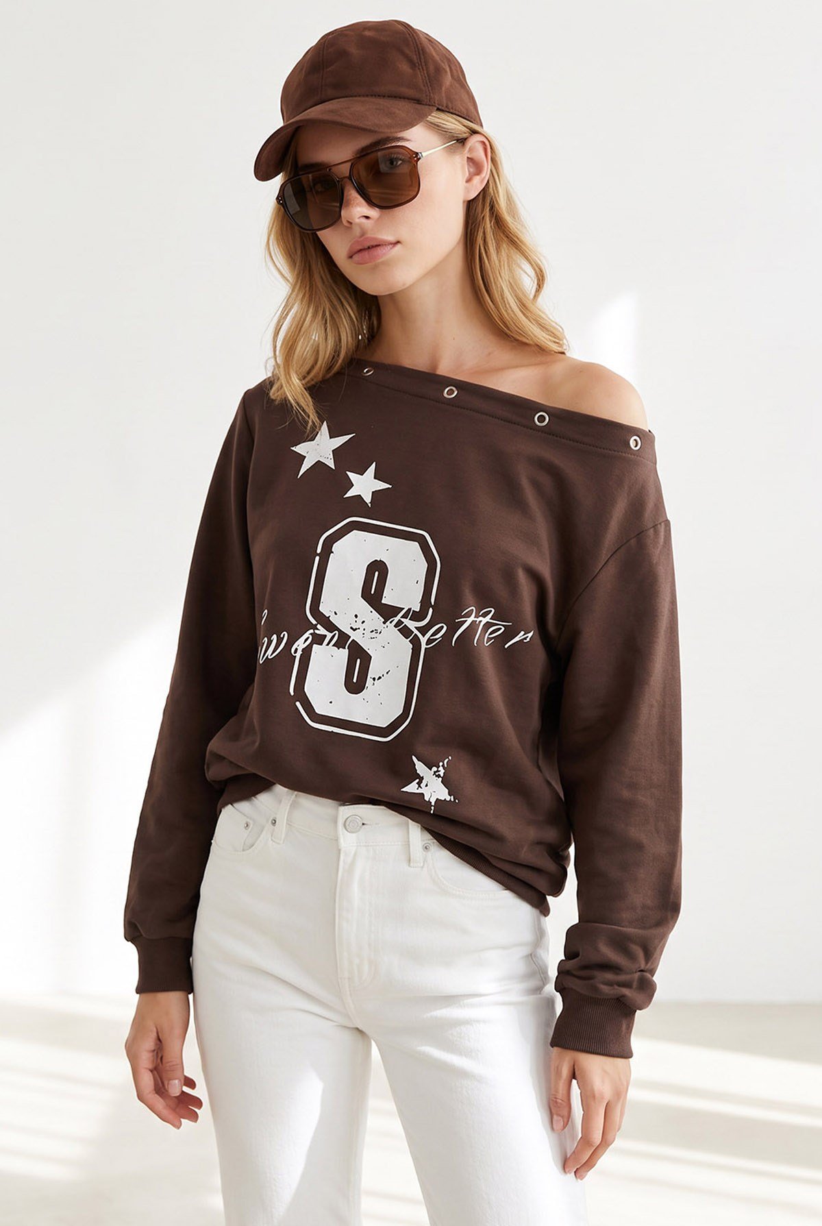Kuş Gözü Detaylı Şardonsuz Düşük Omuz Sweatshirt Kahverengi