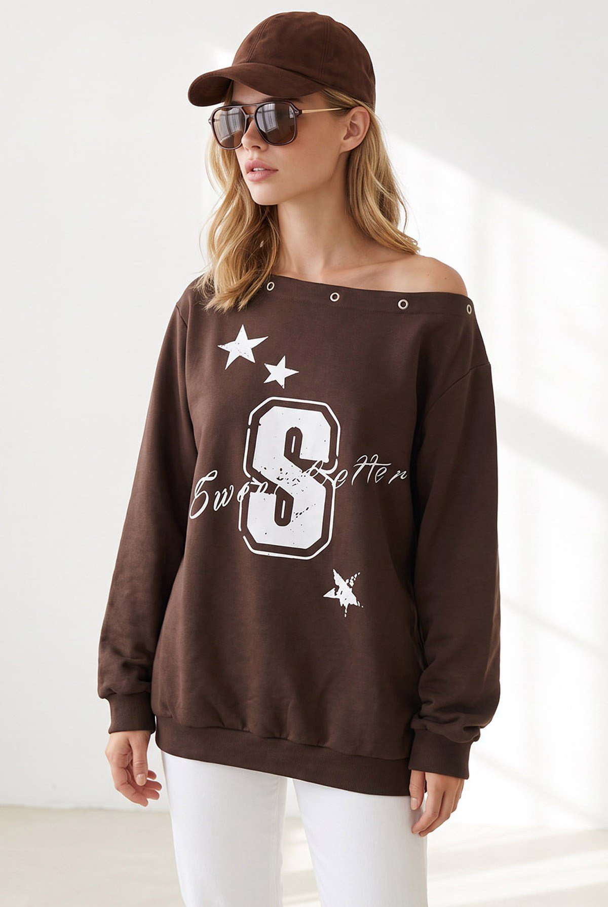 Kuş Gözü Detaylı Şardonsuz Düşük Omuz Sweatshirt Kahverengi