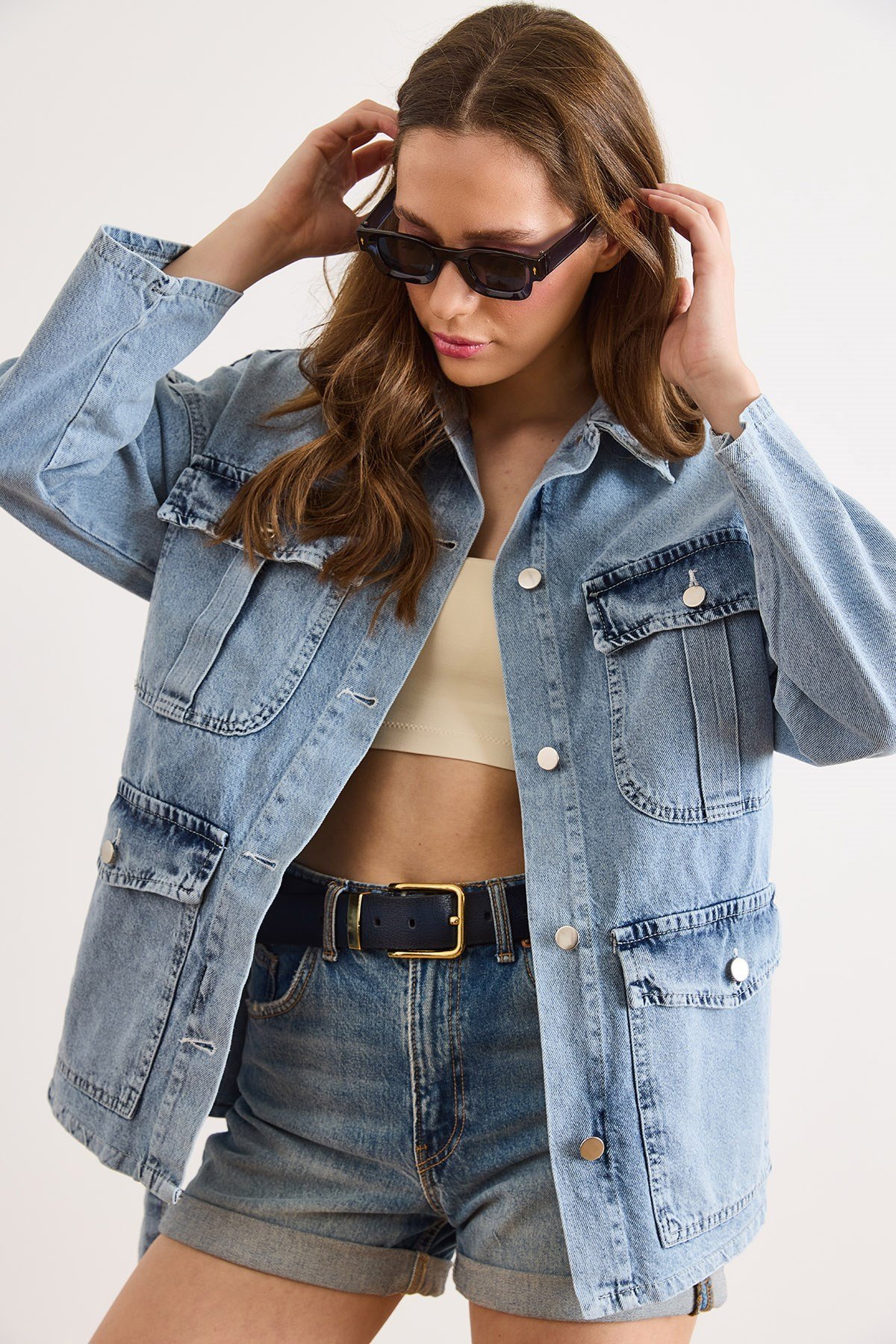 Kuşaklı 4 Cepli Denim Ceket Açık Mavi