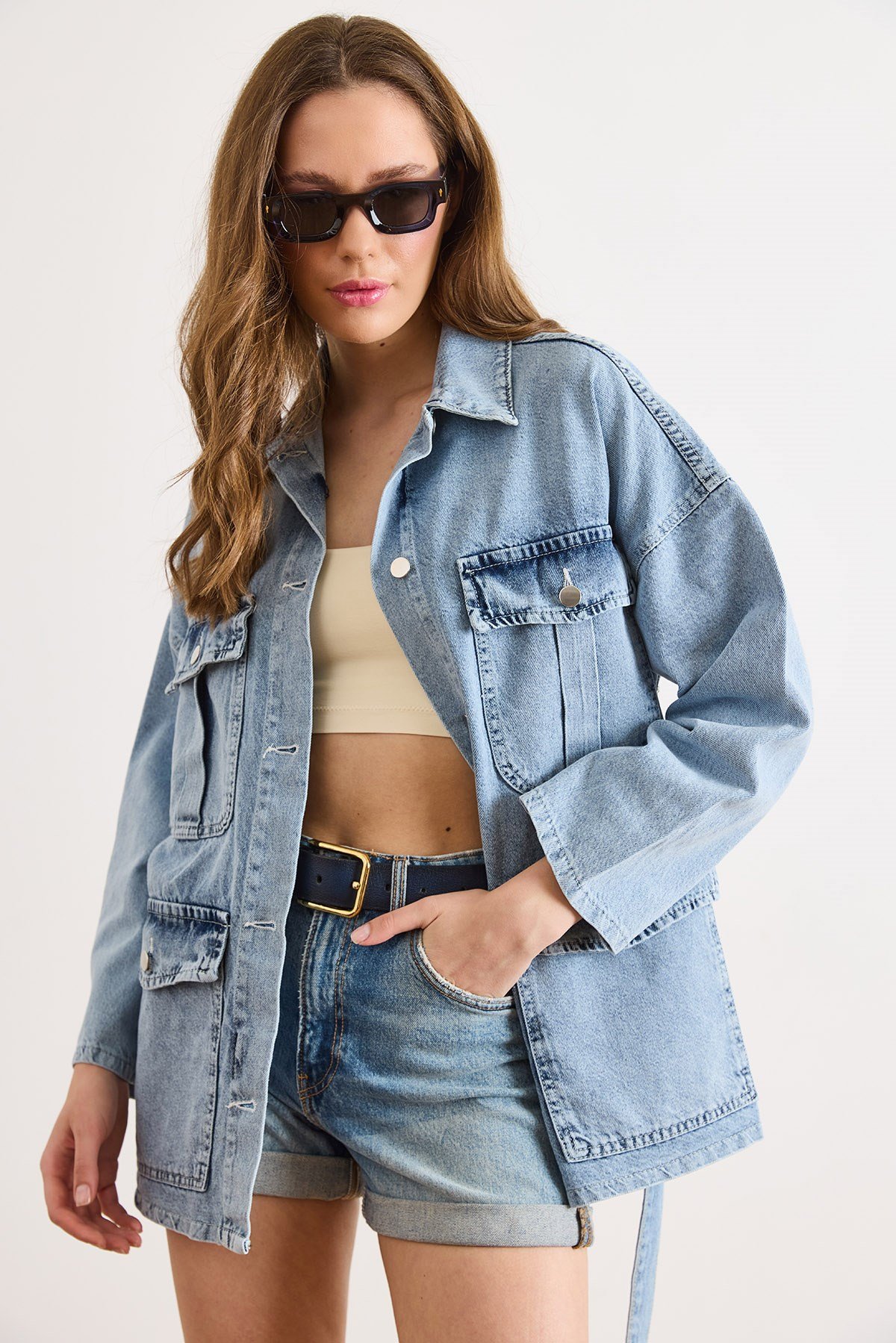 Kuşaklı 4 Cepli Denim Ceket Açık Mavi