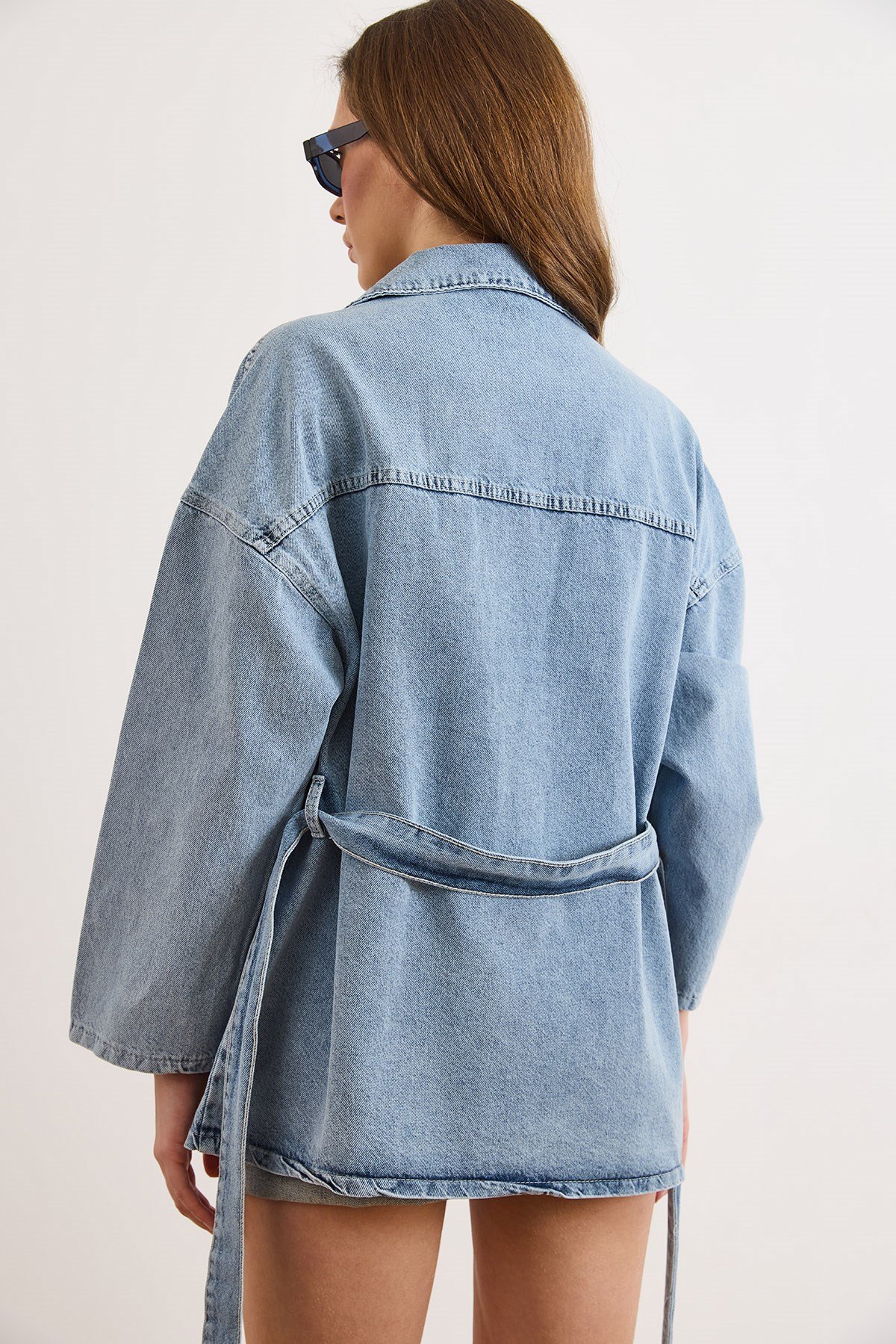 Kuşaklı 4 Cepli Denim Ceket Açık Mavi