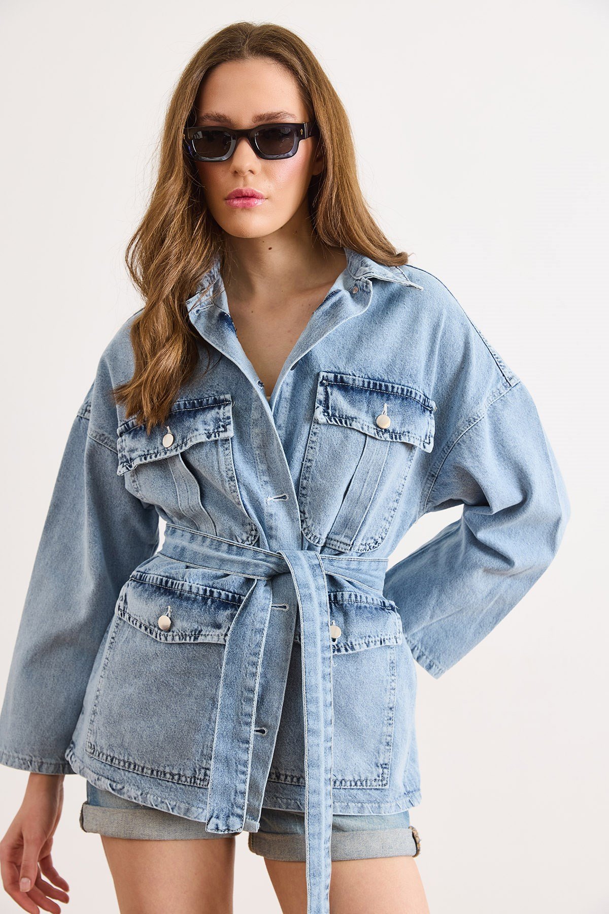 Kuşaklı 4 Cepli Denim Ceket Açık Mavi