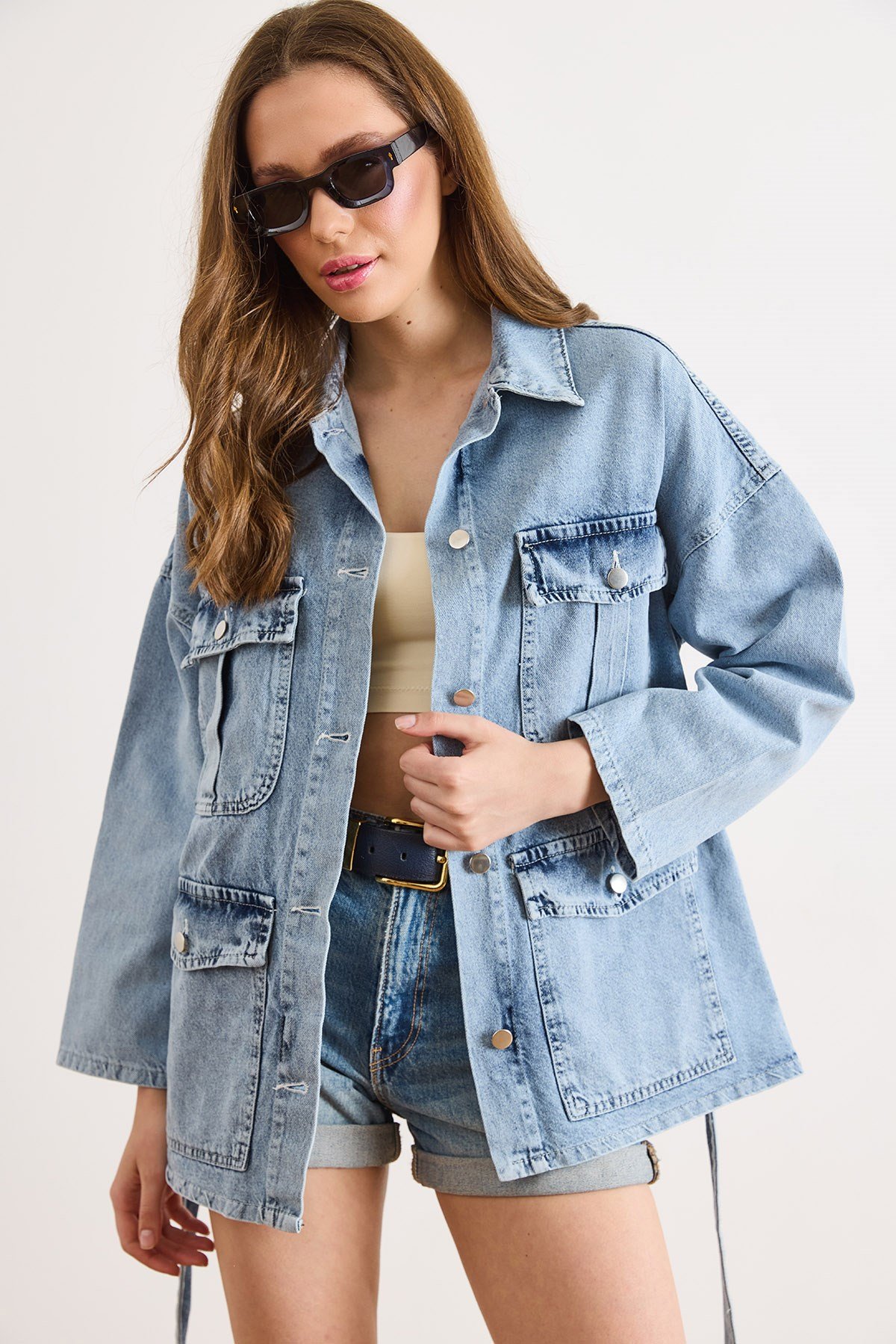 Kuşaklı 4 Cepli Denim Ceket Açık Mavi