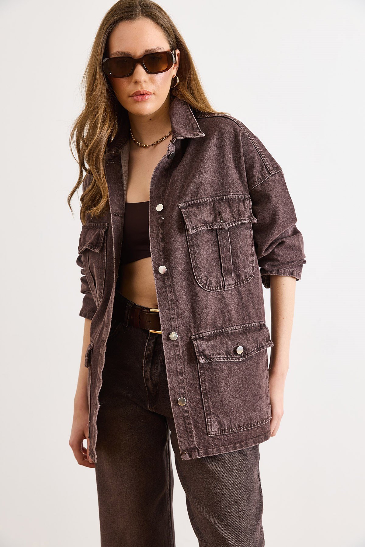 Kuşaklı 4 Cepli Denim Ceket Kahverengi