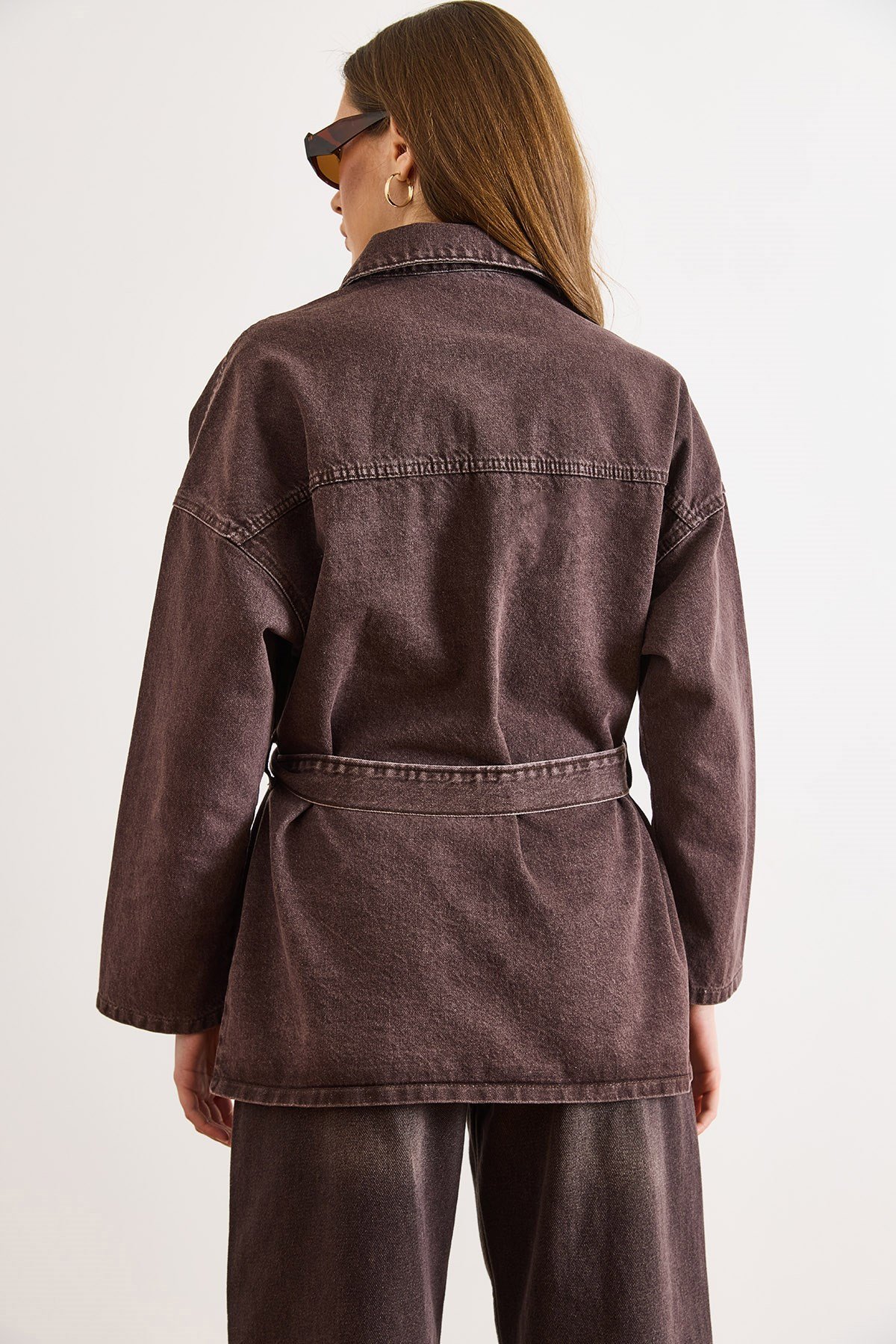 Kuşaklı 4 Cepli Denim Ceket Kahverengi