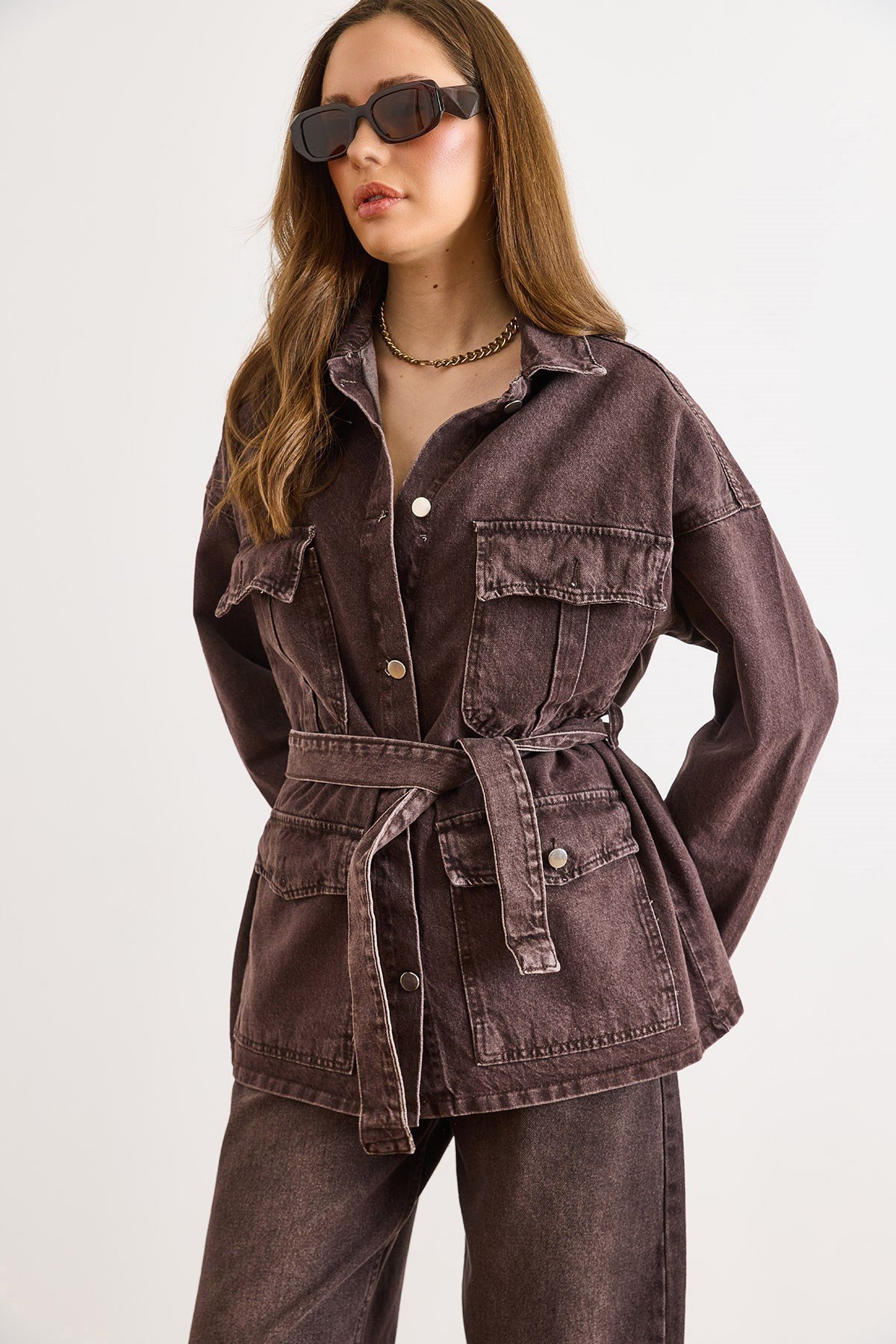 Kuşaklı 4 Cepli Denim Ceket Kahverengi