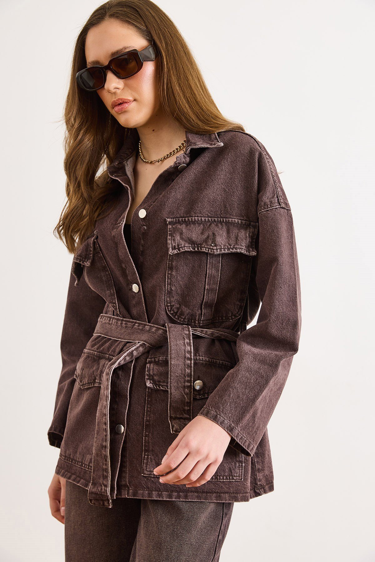 Kuşaklı 4 Cepli Denim Ceket Kahverengi