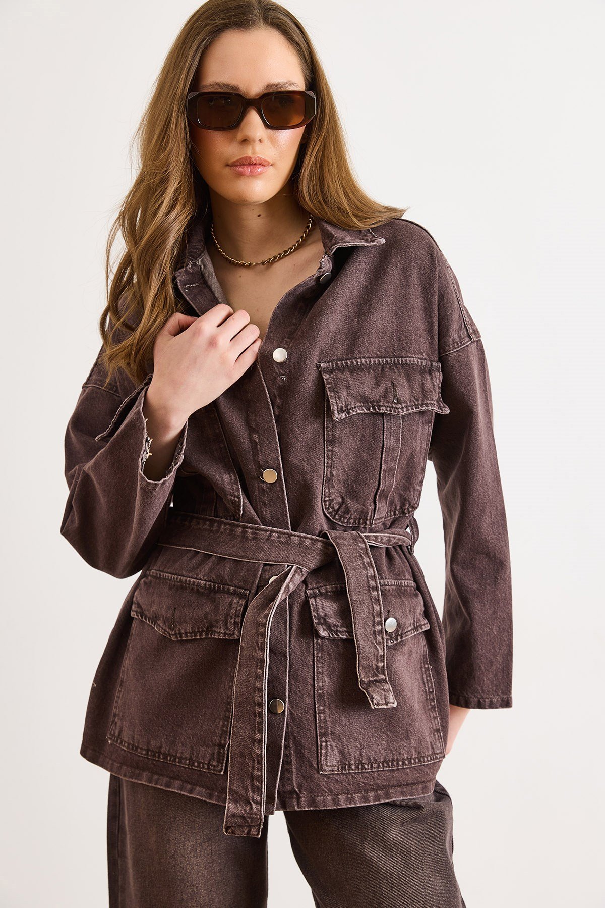 Kuşaklı 4 Cepli Denim Ceket Kahverengi