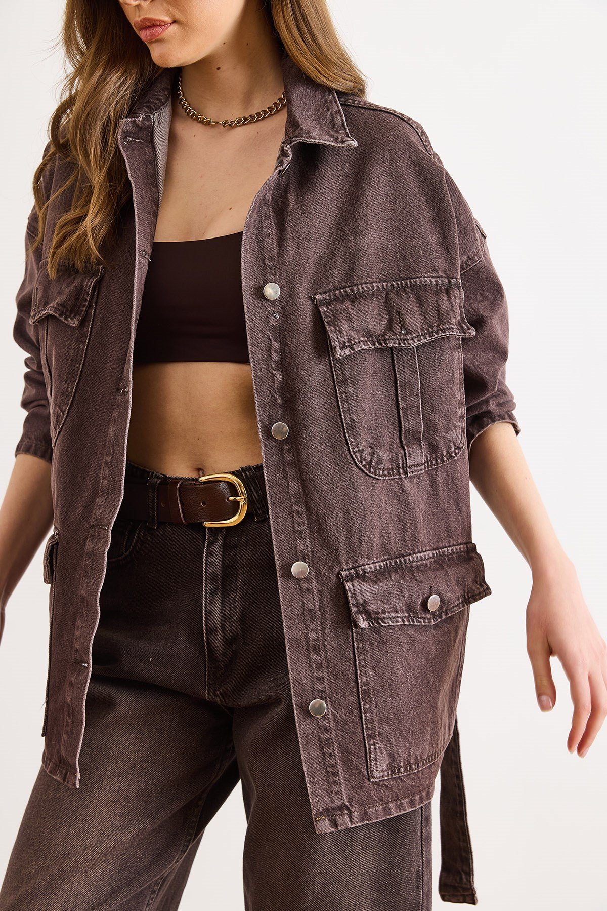 Kuşaklı 4 Cepli Denim Ceket Kahverengi