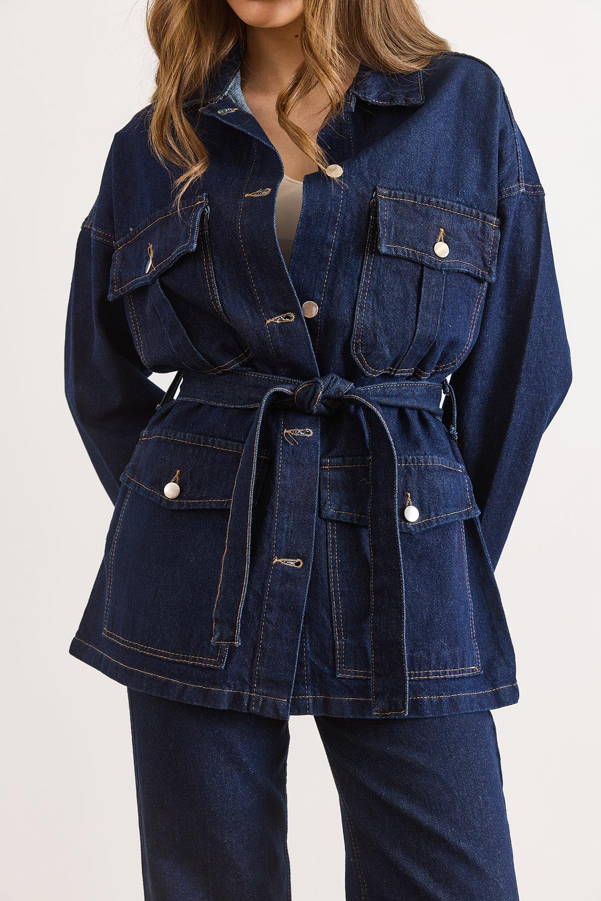 Kuşaklı 4 Cepli Denim Ceket Lacivert