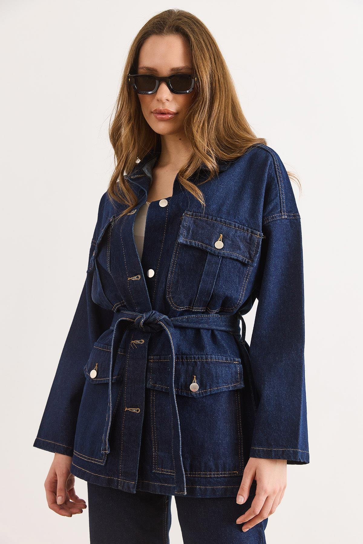 Kuşaklı 4 Cepli Denim Ceket Lacivert