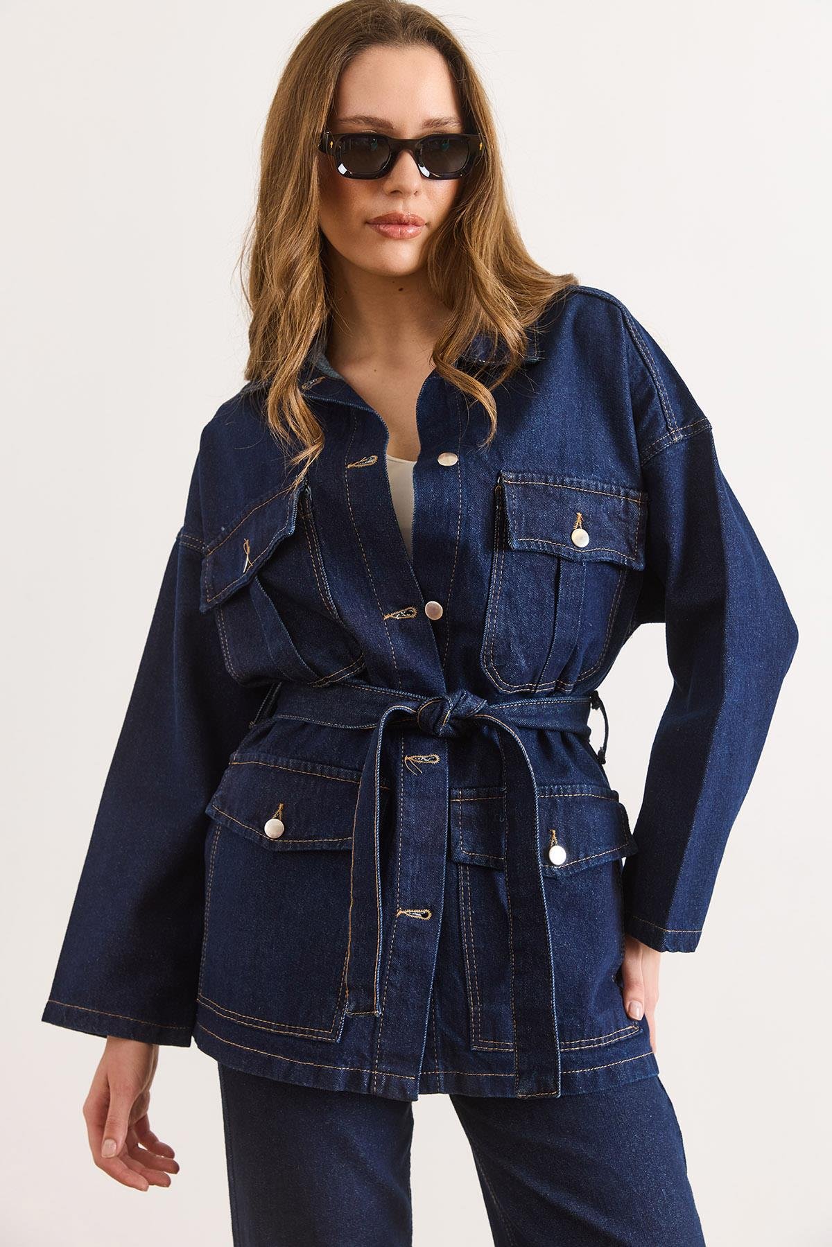 Kuşaklı 4 Cepli Denim Ceket Lacivert