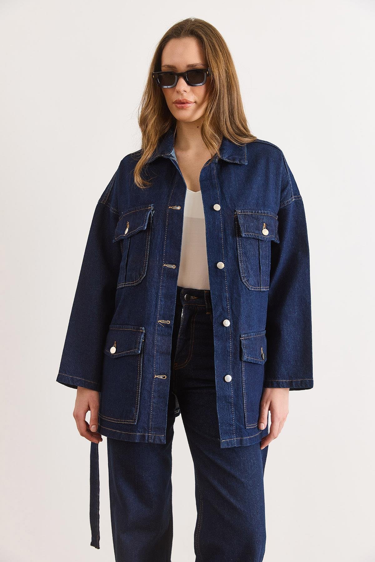 Kuşaklı 4 Cepli Denim Ceket Lacivert