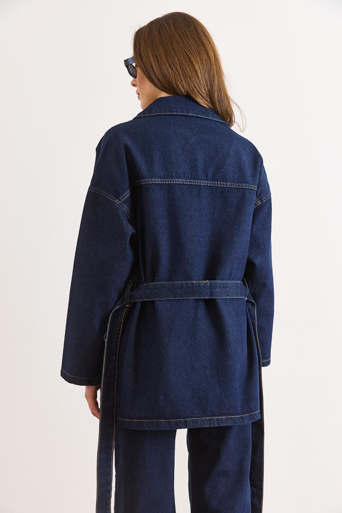 Kuşaklı 4 Cepli Denim Ceket Lacivert