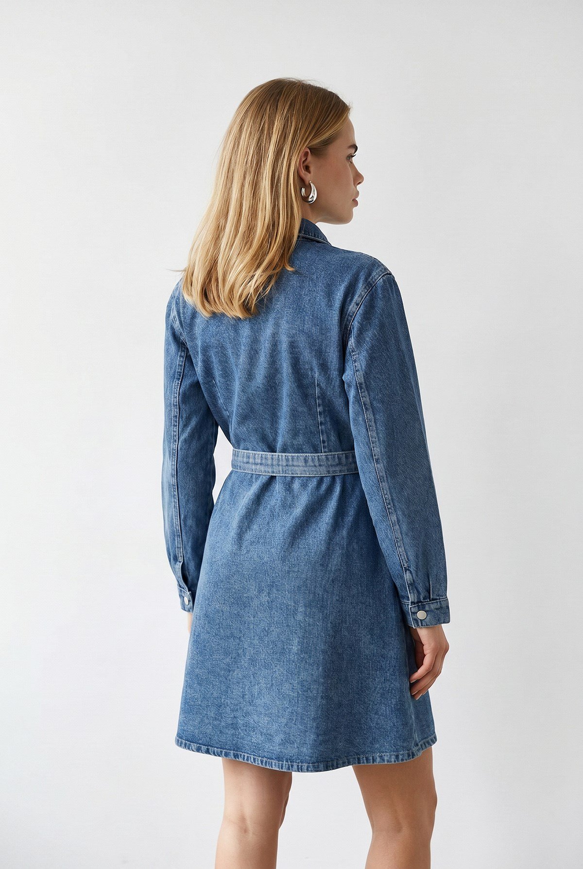 Kuşaklı Cepli Kloş Denim Elbise Açık Mavi
