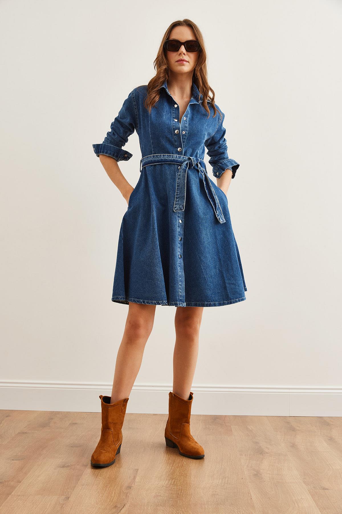 Kuşaklı Cepli Kloş Denim Elbise Koyu Mavi