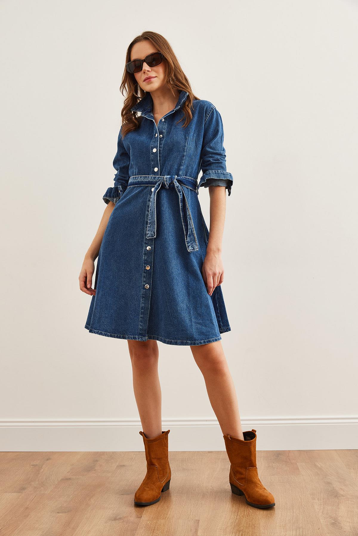 Kuşaklı Cepli Kloş Denim Elbise Koyu Mavi