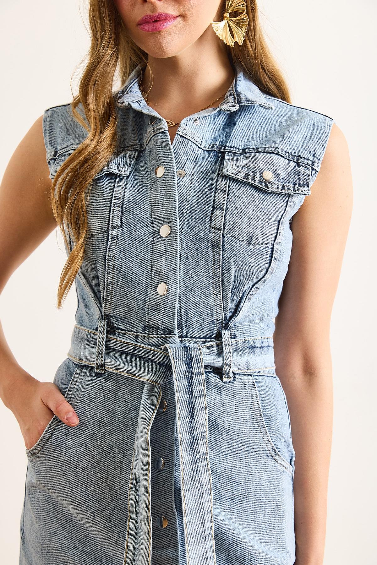 Kuşaklı Cepli Mini Denim Gömlek Elbise Orta Mavi