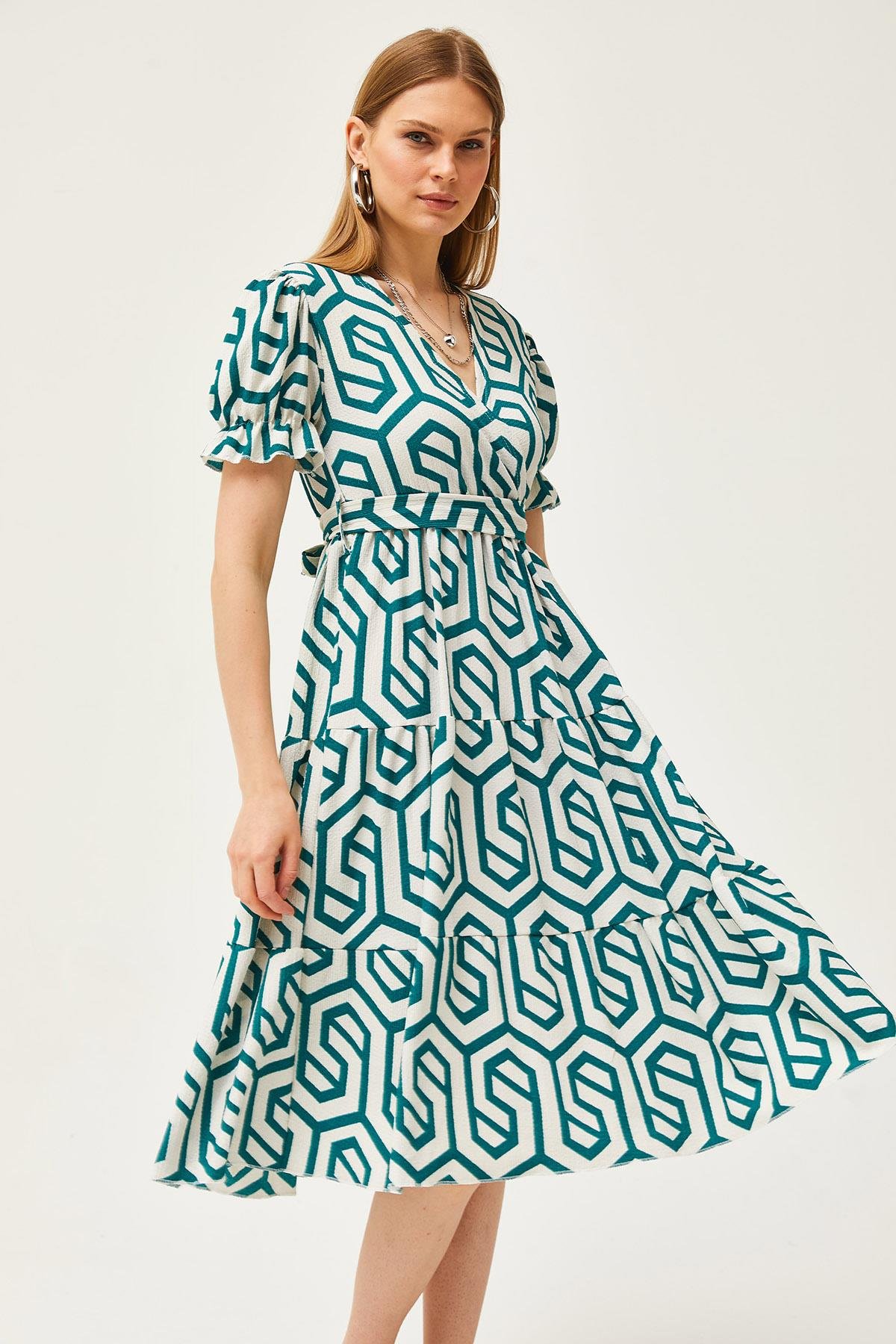 Kuşaklı Kruvaze Desenli Elbise Yeşil