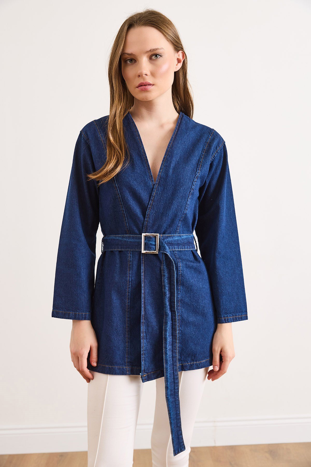 Kuşaklı Mevsimlik Denim Ceket Koyu Mavi